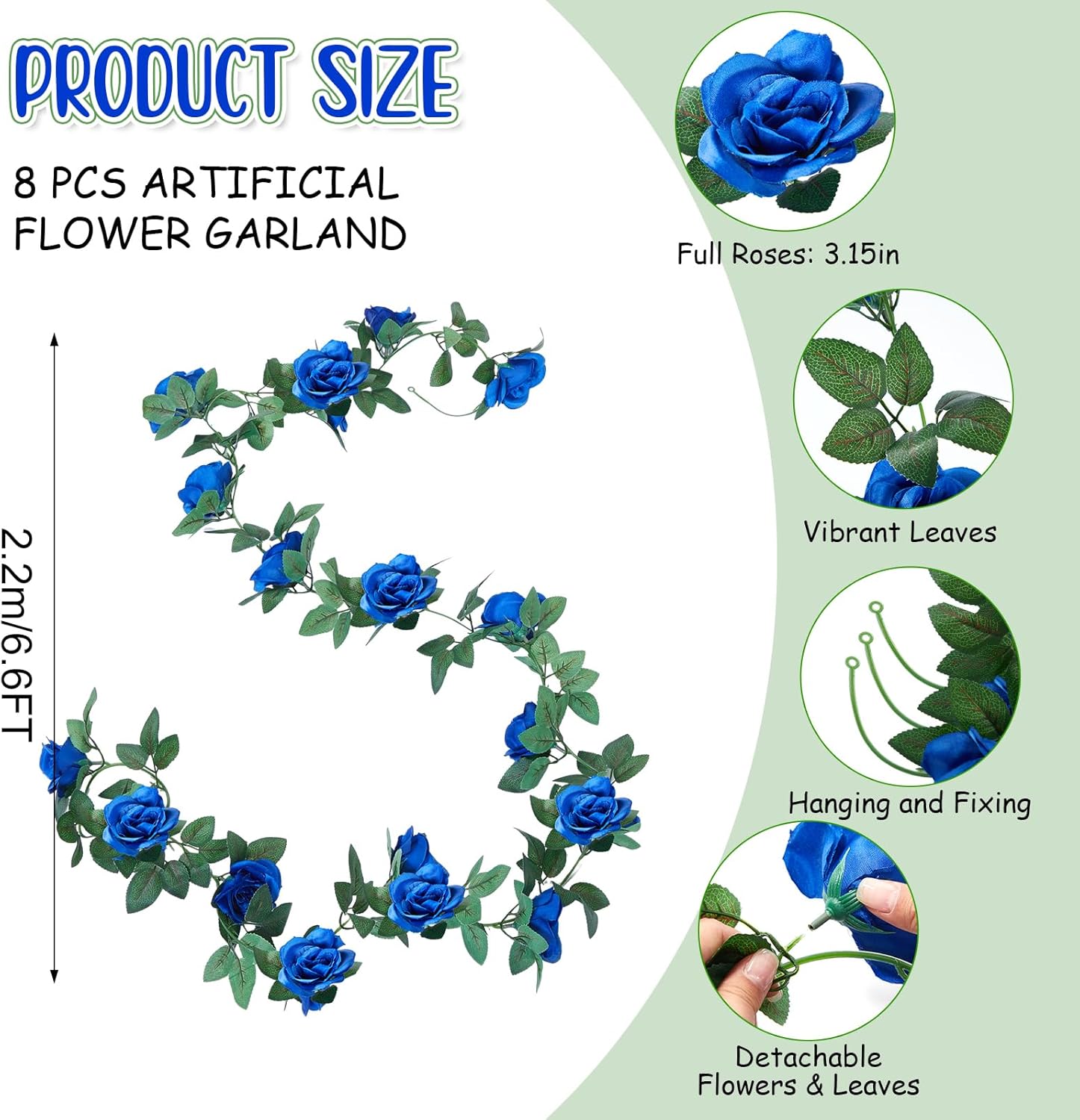 8 Pcs 63 ft Roses Artificial Flowers Garland Artificial Roses with Stems Flower Garland for Backdrop Home Wedding Garden Party Craft Plants Wall Hanging Decor(Blue)
