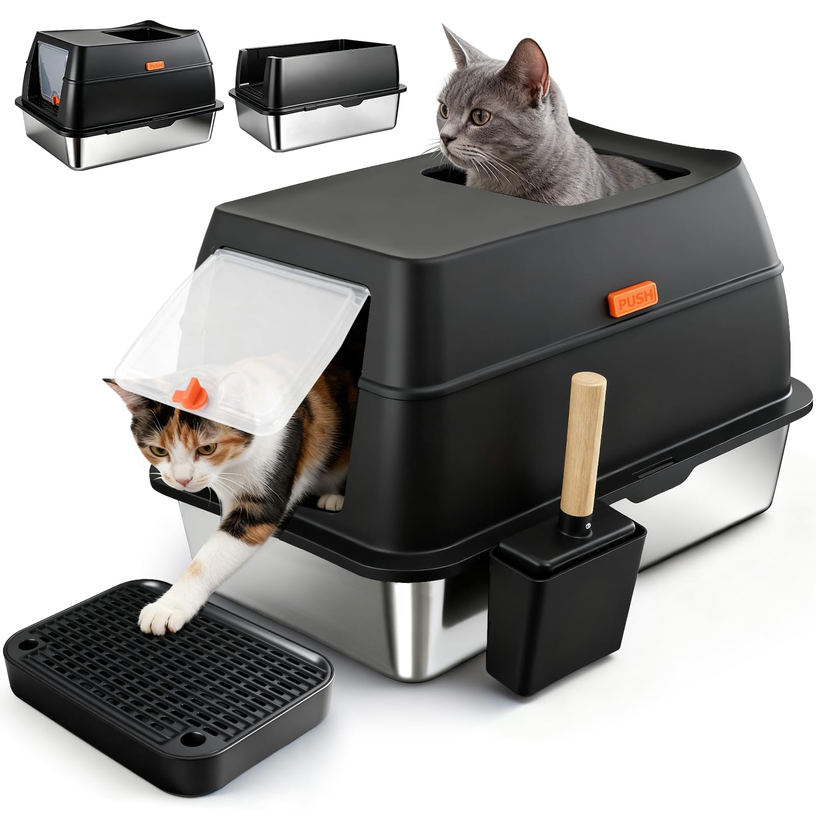 Arenero para Gatos de Acero Inoxidable, XL Caja de Arena Gato Cerrada con Tapa, Doble Entrada y Alfombrilla Antiderrames, Bandeja Antifugas para Gato Grande y Multiuso Cat Litter Box