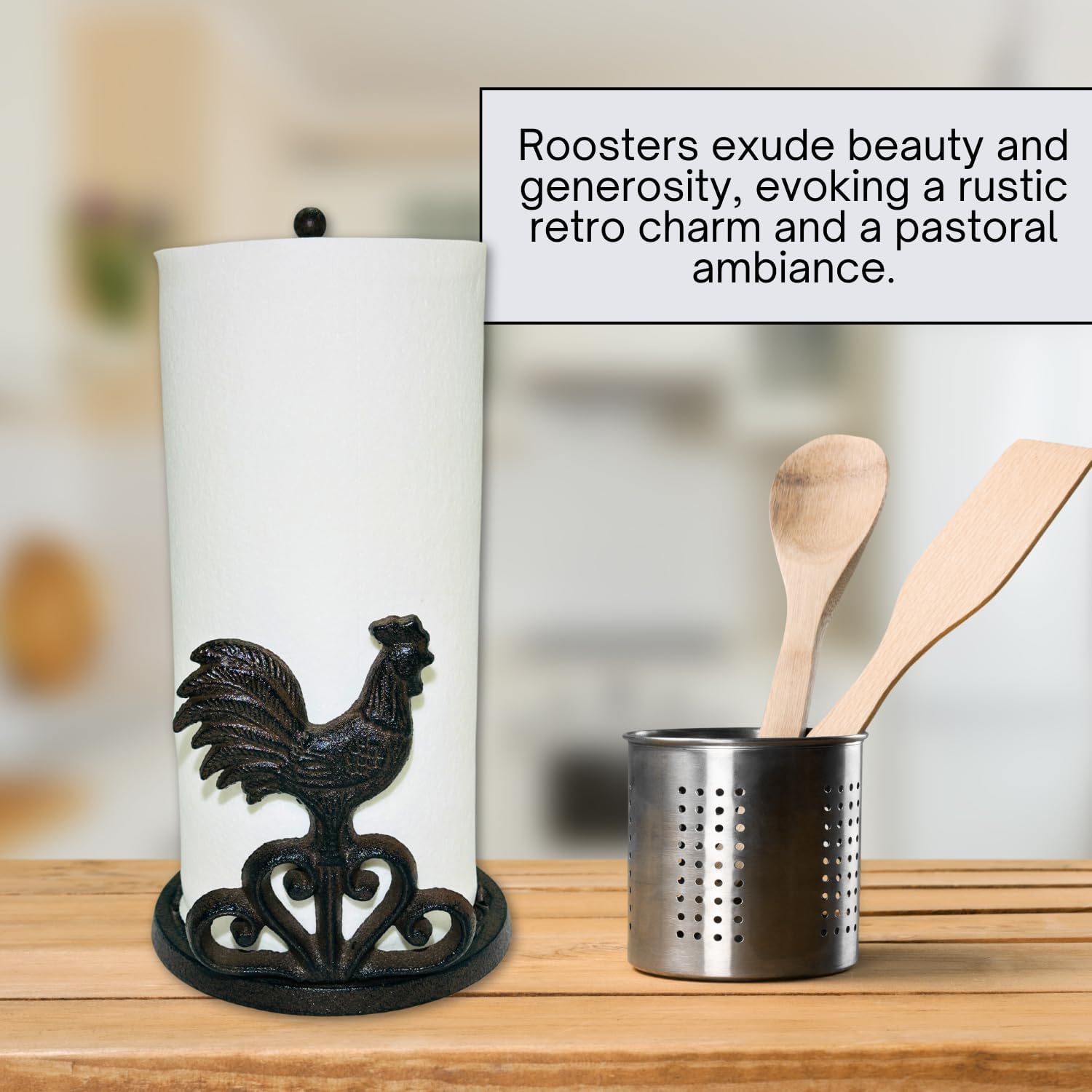 Rustic Elegance Cast Iron Rooster Paper Towel Holder - Freestanding 12" Kitchen Countertop Accessory with Farmhouse Charm - Black Country Style Decor