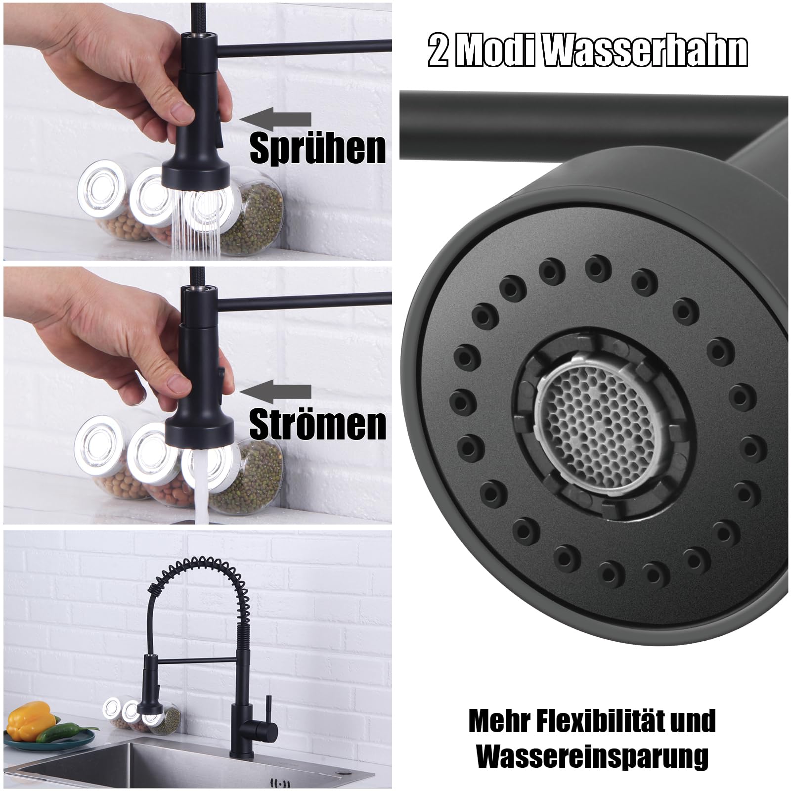 Wasserhahn Küche Schwarz, Hochdruck Küchenarmatur mit Brause Ausziehbar, Hoher Bogen Mischbatterie Küche 360°Drehbar 2 Sprühfunktionen, Spiralfeder Spültischarmatur Edelstahl, Mattschwarz