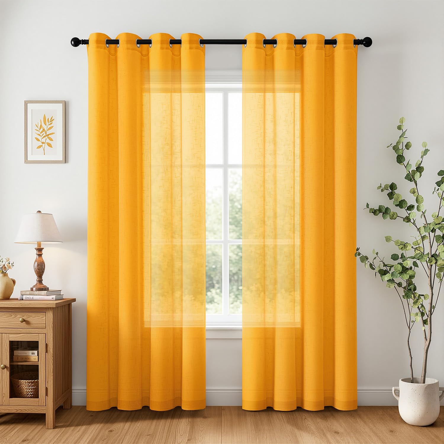 Woaboy Tende Trasparenti con Occhielli 2 Pezzi 140x260 cm Giallo brillante | Tende per Interni in Leineoptik Effetto Lino Filtro Luce e Privacy per Soggiorno e Camera da Letto