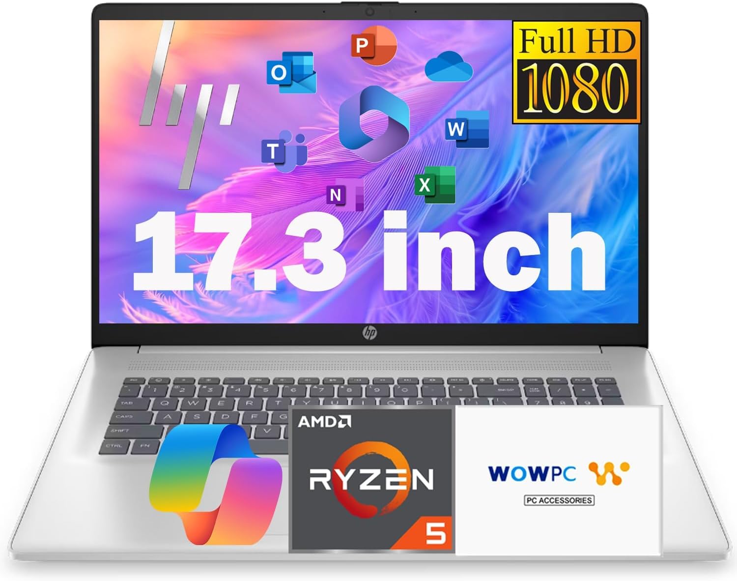 HP 17.3 Inch FHD Business Laptop with MS Office for The Web, AMD Ryzen 5 7430U (Beats Core i7-1355U), 8GB RAM, 756GB Storage(256GB SSD + 500GB External Drive), Windows 11, WOWPC 3-in-1, No Mouse