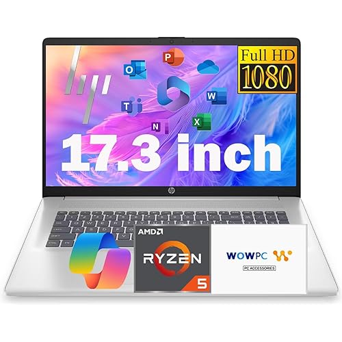 HP 17.3 Inch FHD Business Laptop with MS Office for The Web, AMD Ryzen 5 7430U (Beats Core i7-1355U), 16GB RAM, 756GB Storage(256GB SSD + 500GB External Drive), Windows 11, WOWPC 3-in-1, No Mouse