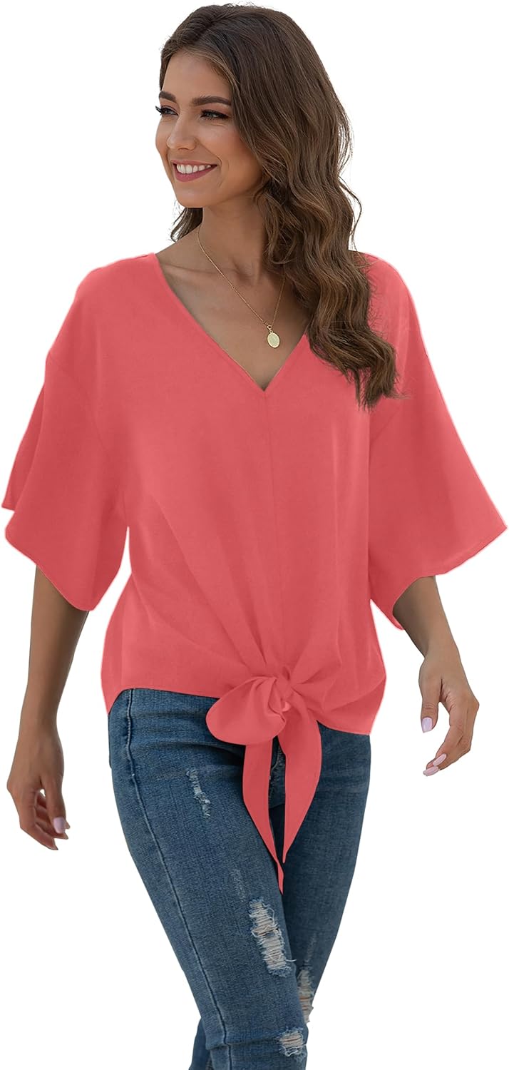 VIISHOW Womens Tie Front Chiffon Blouses V Neck Batwing Short Sleeve Summer Tops Shirts image 3