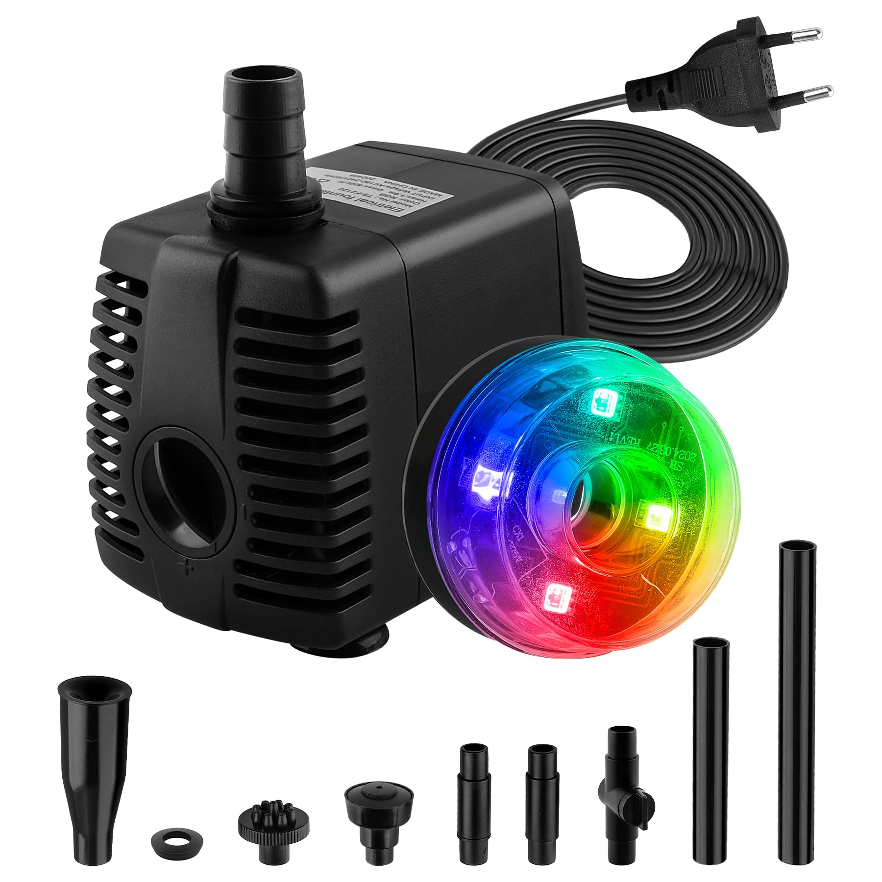 NATPOW Mini Bomba de Agua con LED Luces, 15W/850L/H Bombas de Agua Sumergible con 3 colores que cambian con 3 boquillas, 800 l/h 15 W, bomba de agua para acuario, estanque, fuente, mascotas