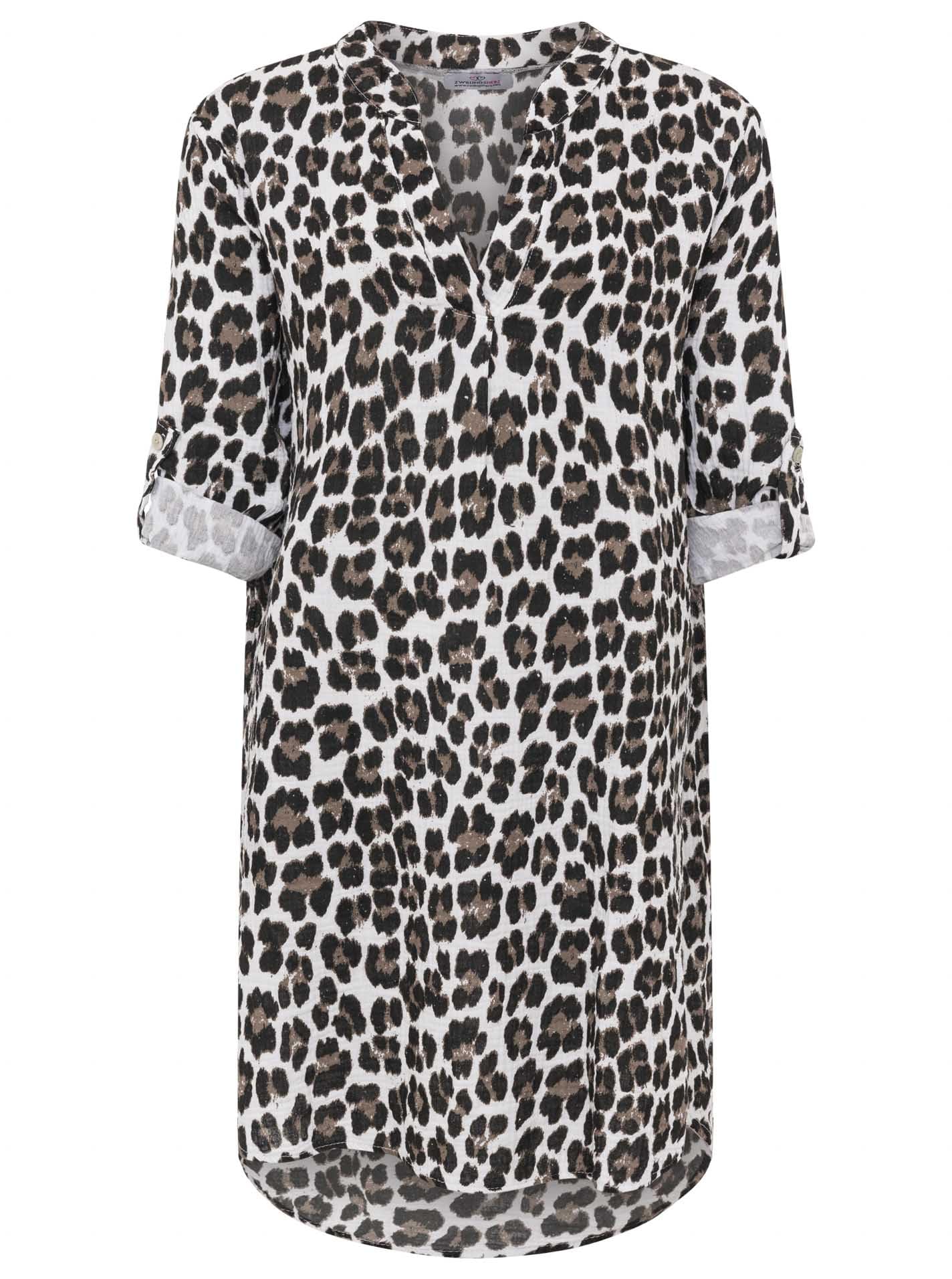 Zwillingsherz Damen Tunika aus 100% Baumwolle – Leichtes Sommer Blusenkleid mit Leo Print – Luftige Strandtunika mit V-Ausschnitt und 3/4 Arm – Lässiges Longshirt für Urlaub Freizeit Alltag
