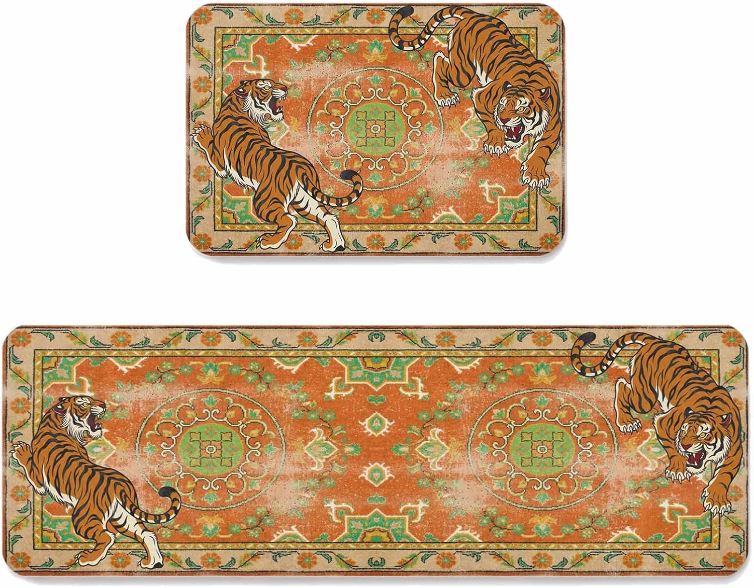 Prime Leader Tiger Print Kitchen Mat Set 2 Pieces Boho Vintage Animal Orange Floral Geometric Non Slip Kitchen Rugs Washable Runner Rug Mats for Sink Laundry (19.7" x 31.5"+19.7" x 47.2")