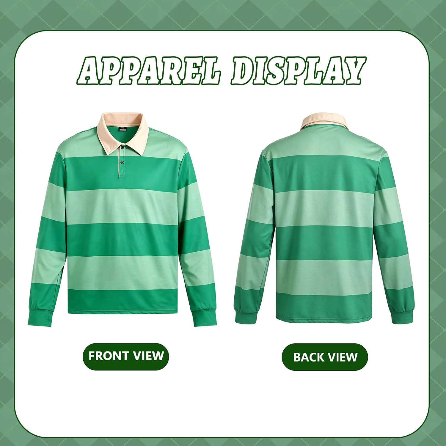 Pigmiss Halloween Detective Costume, Men Green Blue Striped Long Sleeve Polo Shirt Classic Tops Adult Cosplay Party