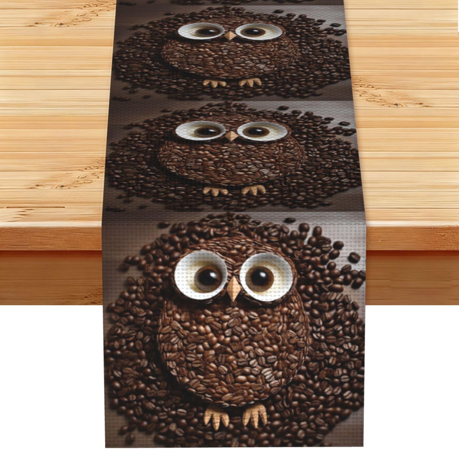 Coffee Bean owl Table Runner 13 x 72 Inches Long, Cotton Linen Table Runners for Kitchen Dining Table Decoration - Washable Tablecloth Modern Tablerunner for Home Party Decor