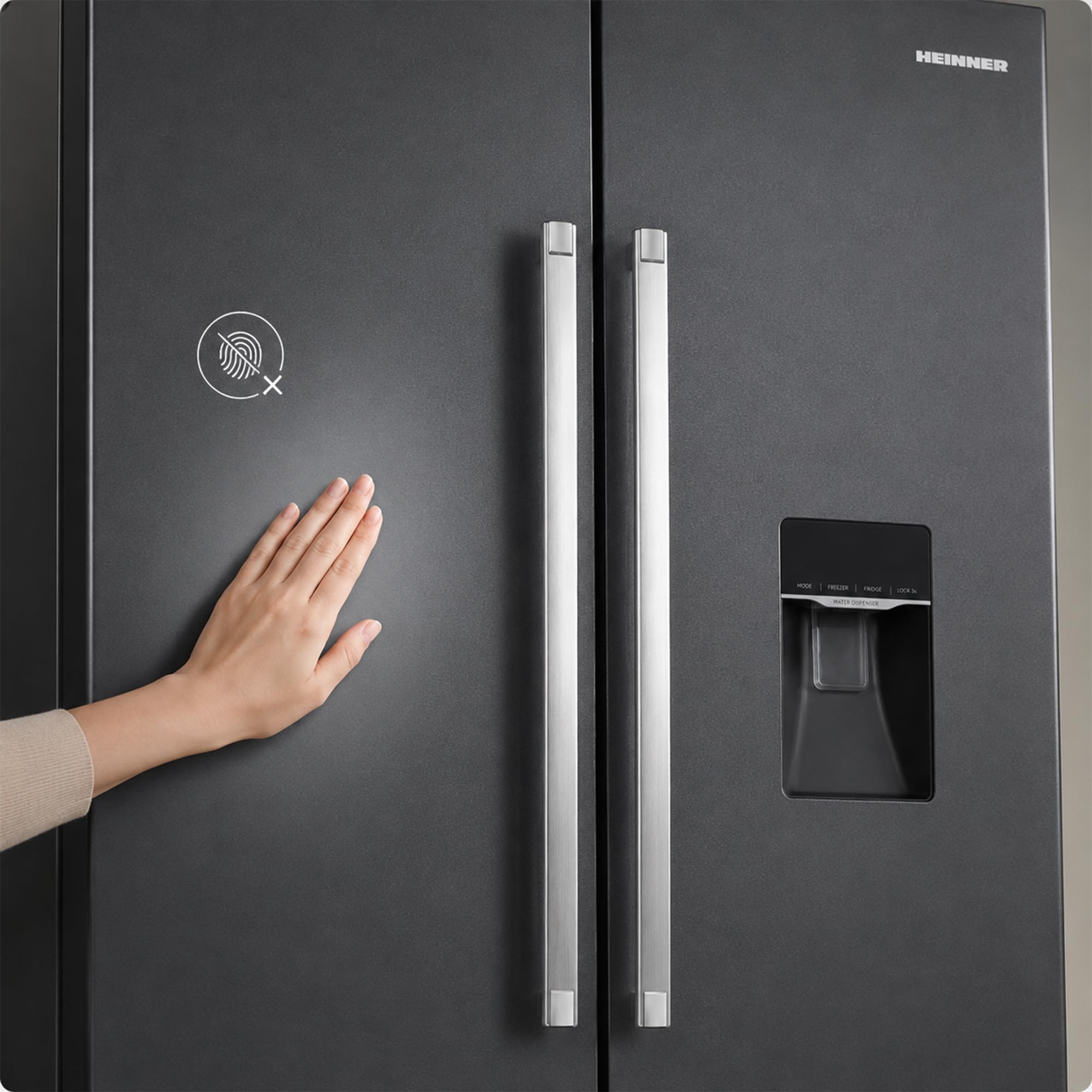 Side-by-Side Kühlschrank 439 L – Total No Frost, Inverter-Kompressor, Wasserspender – amerikanischer Kühlschrank mit Doppeltür, Dunkelgrau, Energieeffizienzklasse E – HSBS-HM439NFINVDGWDE