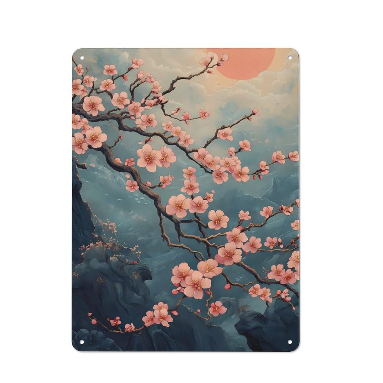 Junmoney Cherry Blossom Mountains Tin Sign With Design 40X30cm, Garage Style Garage Wall Decor For Garage, Hobby Room, Office Or Man Cave