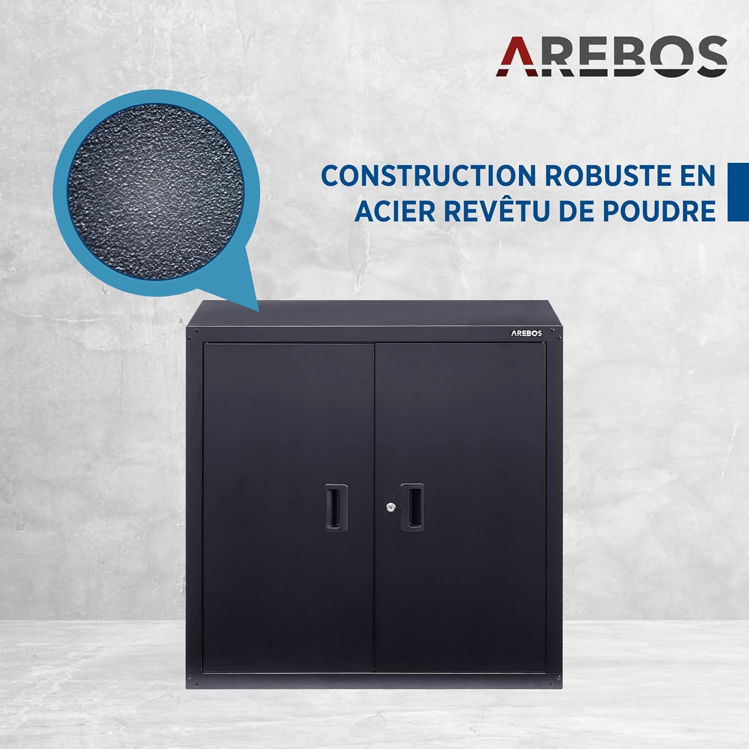 Close-up texture of the powder-coated steel surface of the AREBOS cabinet.