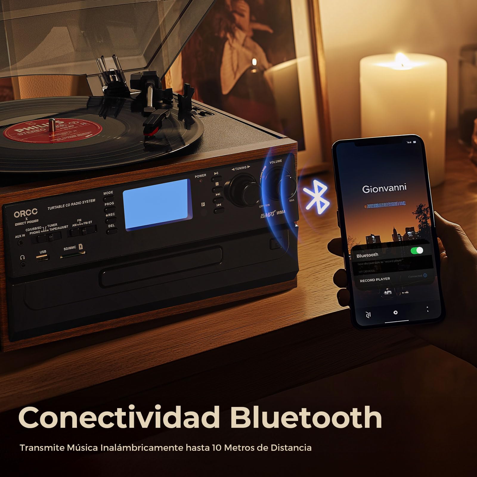 ORCC Tocadiscos Bluetooth 10 en 1 para discos de vinilo con altavoz, casete de CD de vinilo AUX a MP3 USB/SD codificación convertido, radio, conector de auriculares, RCA, control remoto