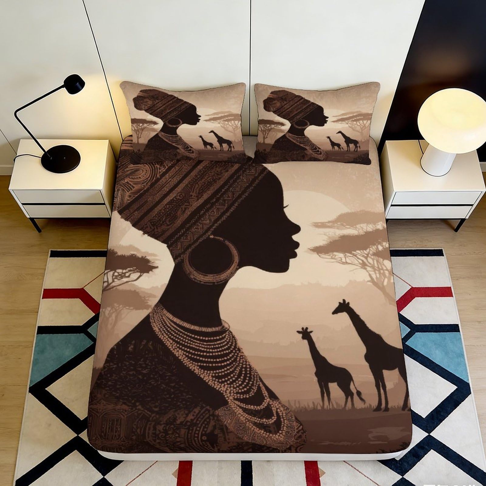 Pnayamiorkfel Style-5 3D Printed African Woman Fitted Sheet Microfiber Soft Brown Art Safari Giraffe Bed Cover For Bedroom Guest Room Decor 90X200x25cm