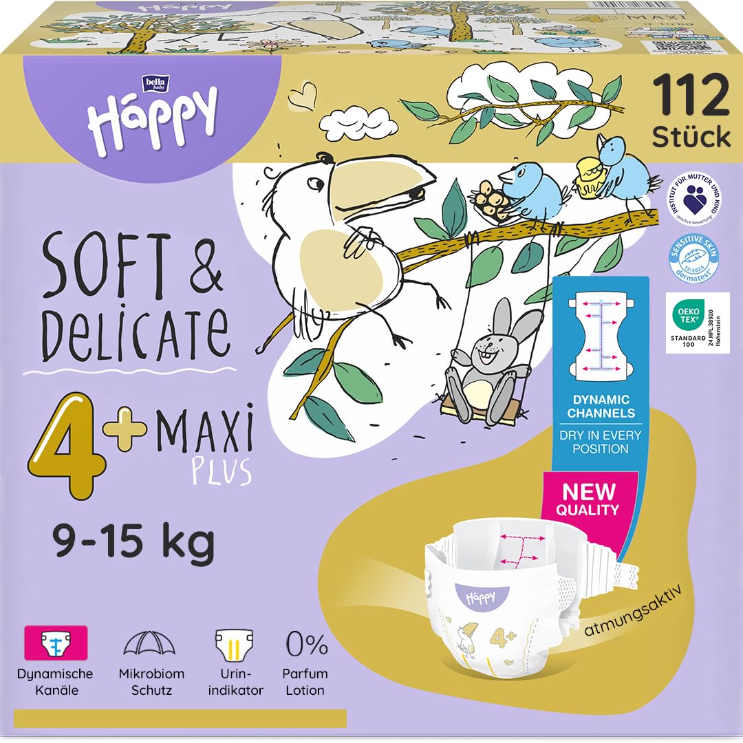 bella baby Happy Premium Windeln Größe 4+ Maxi Plus 9-15 kg 112 Stück, DERMATEST & OEKO TEX Siegel, Babywindeln Einweg