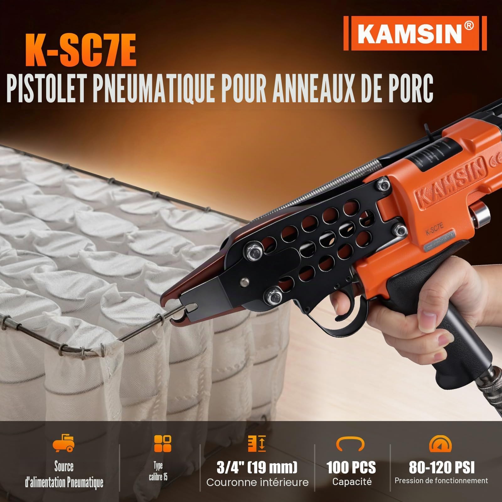 KAMSIN K-SC7E 15GA pince à C pneumatique long bec pour gabions | Couronne 19mm, fermeture 7mm, bec allongé pour espaces étroits, qualité industrielle 15GA, pour cages, clôtures et sièges