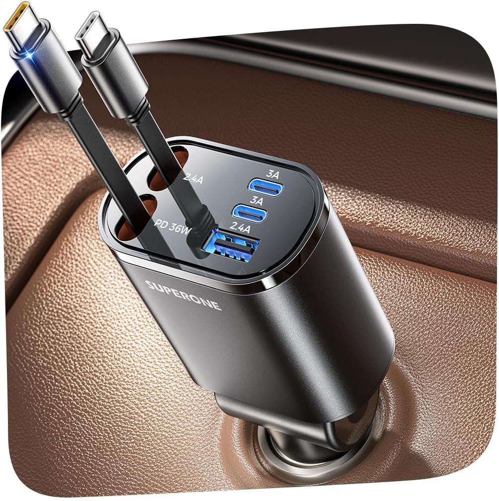 SUPERONE 5 in 1 Retractable Car Charge with Dual Type C Cables