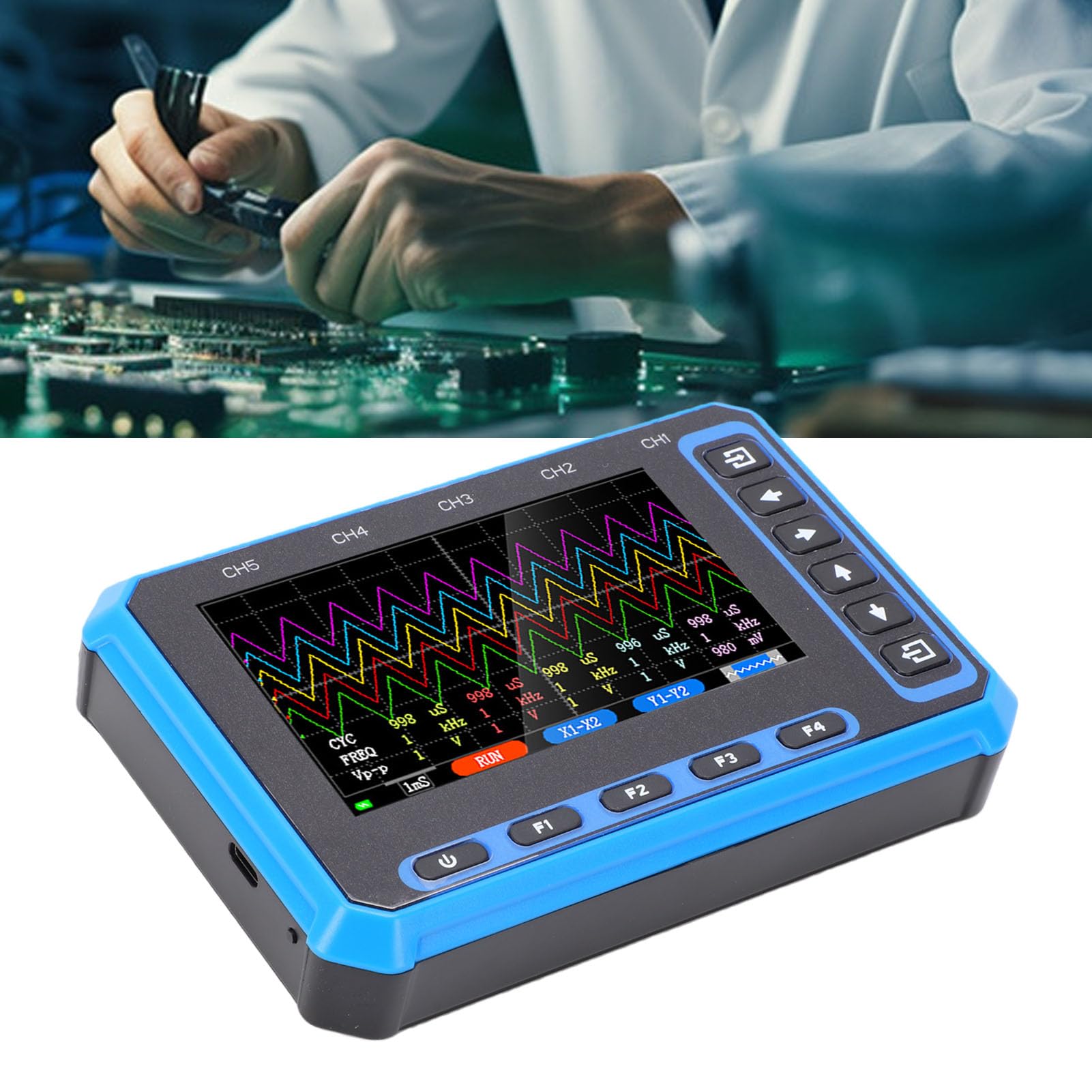 Osciloscopio de 5 Canales, Ancho de Banda de 1MHz Frecuencia de Muestreo de 3MHz Pantalla de 4,3 Pulgadas con 5 Sondas 10X USB Tipo C para Software de PC Aplicación Móvil