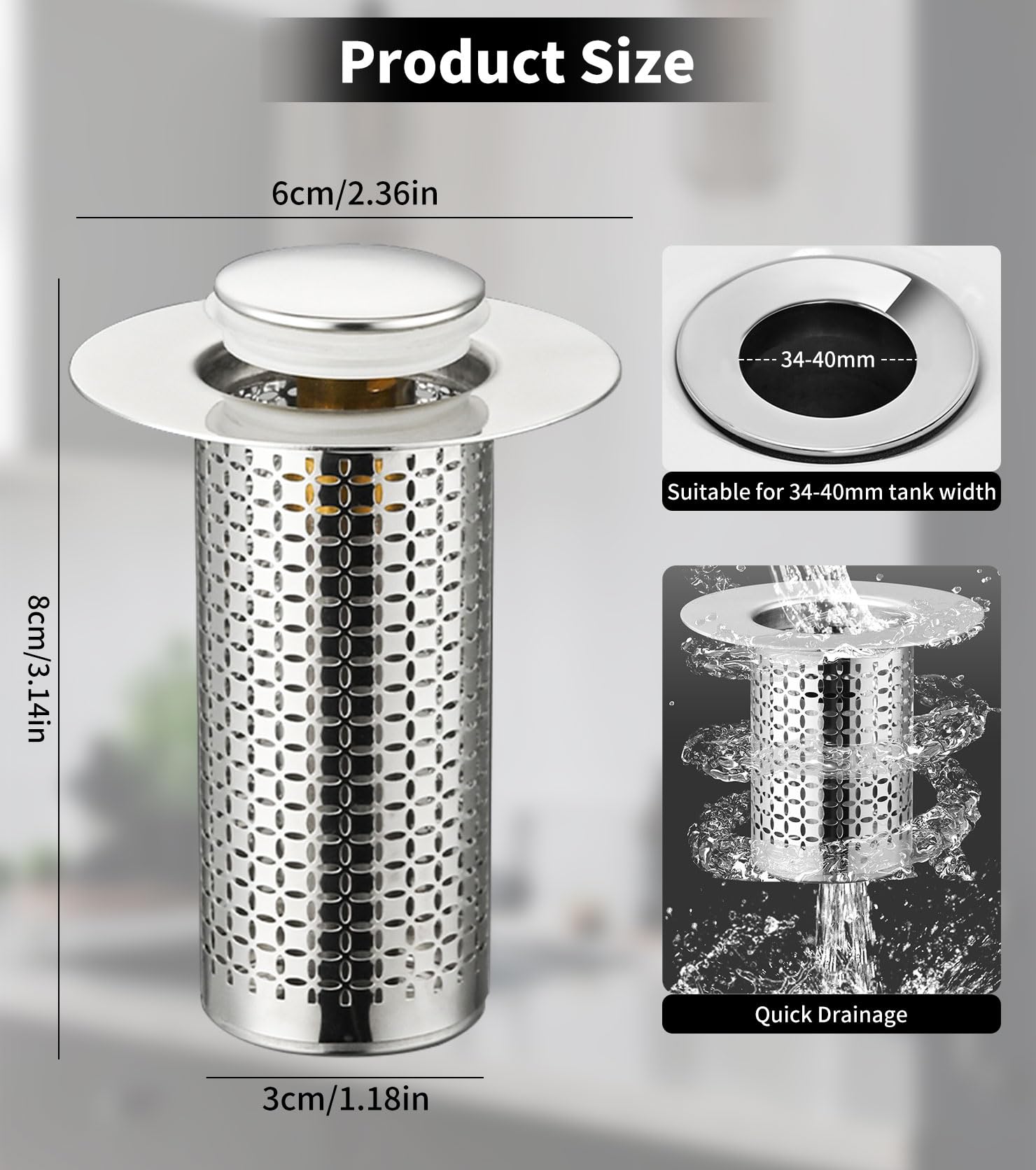 4 Tappi Scarico Lavabo Universali - Pop-Up, Filtro Anti Intasamento, Per Foro 34-40mm - Foto 7