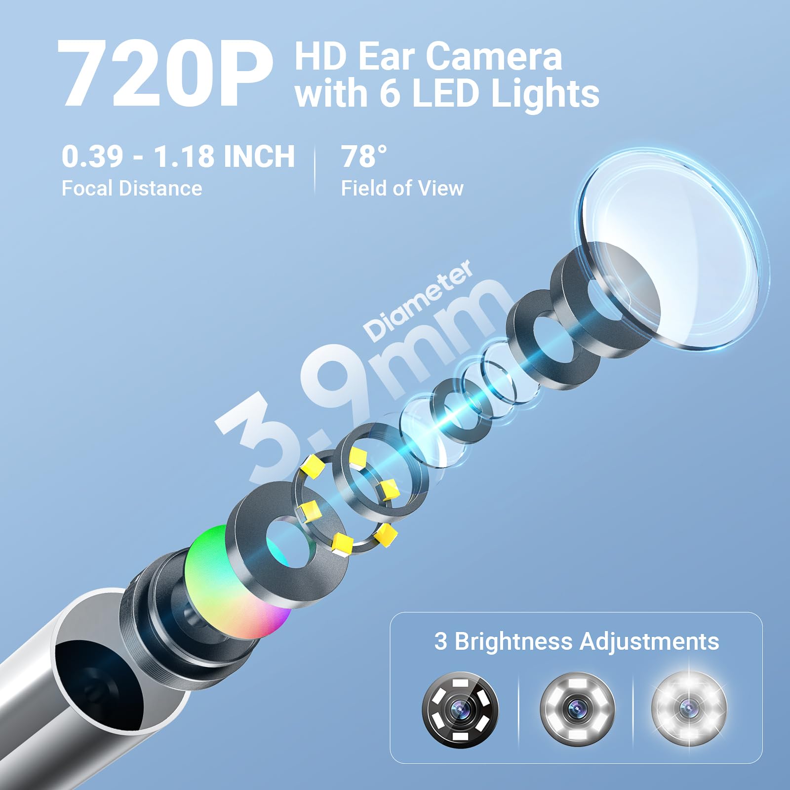 ScopeAround Otoscopio con luce, 720P HD per la pulizia dell'orecchio fotocamera e 6 luci LED telescopio orecchio, 1,44 pollici IPS display digitale otoscopio auricolare con cavo di estensione