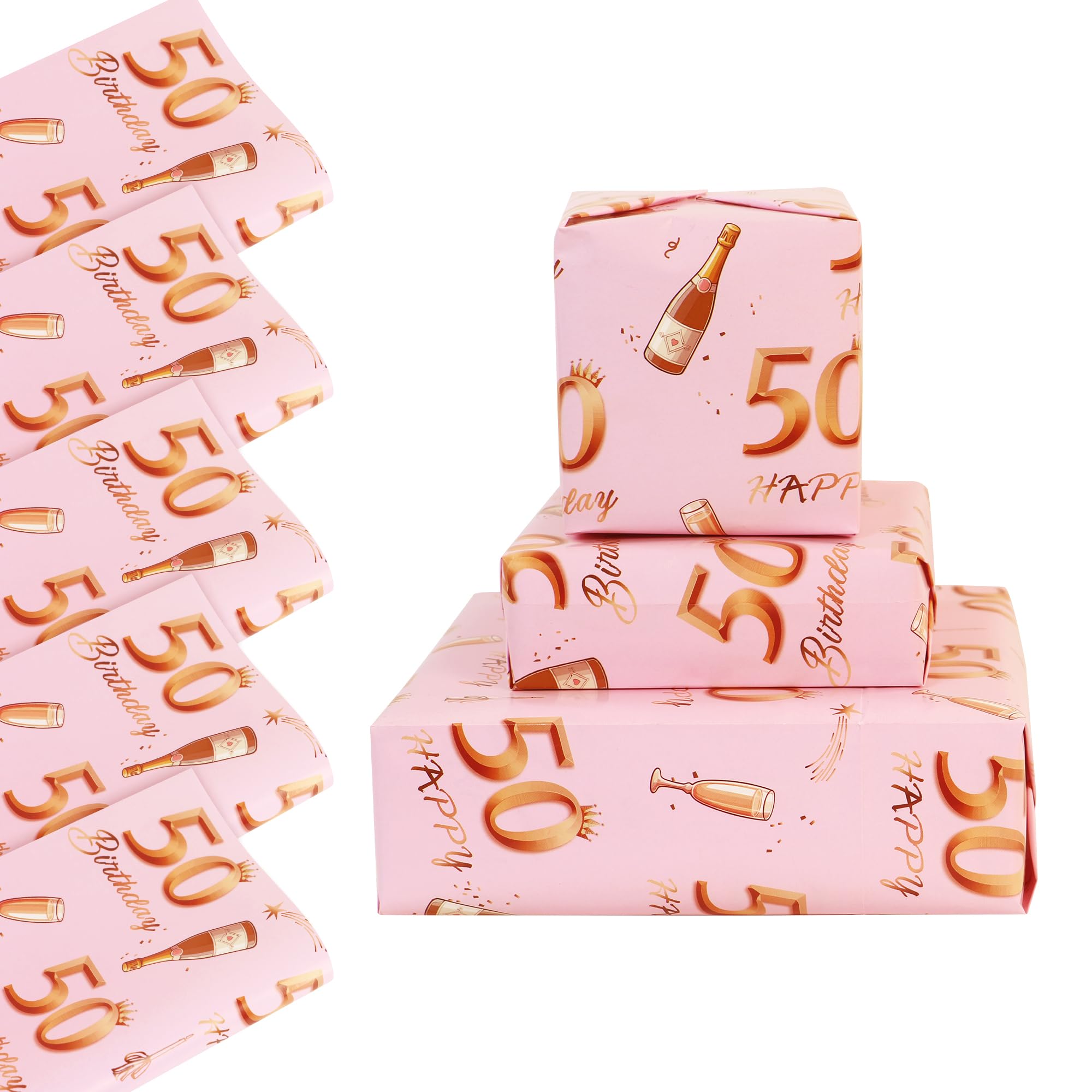 50th Birthday Wrapping Paper, 5 Sheets 70x50cm Rose Gold Pink Happy Birthdays Gift Wrap Paper for Girls Women, 50th Birthday Decorations - Recyclable
