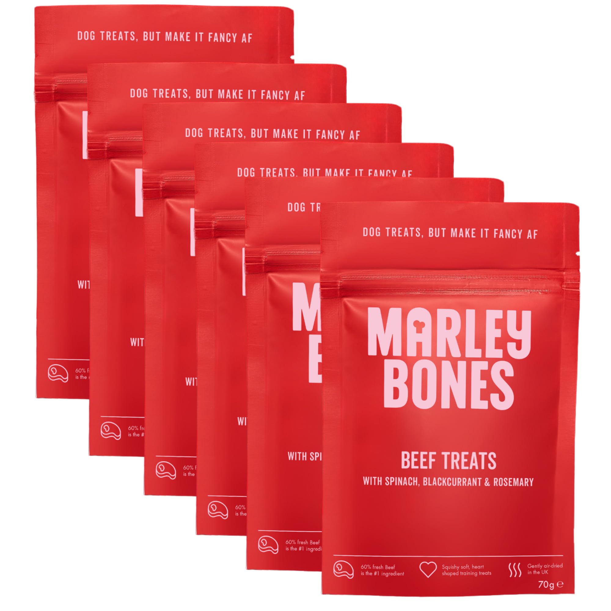 Marleybones Beef Air-Dried Dog Training Treats 70g (Pack of 6) | 60% Fresh Beef, Superfoods & Veggies | Natural Grain Free Adult & Puppy Treats | No Artificial Additives | All Life Stages