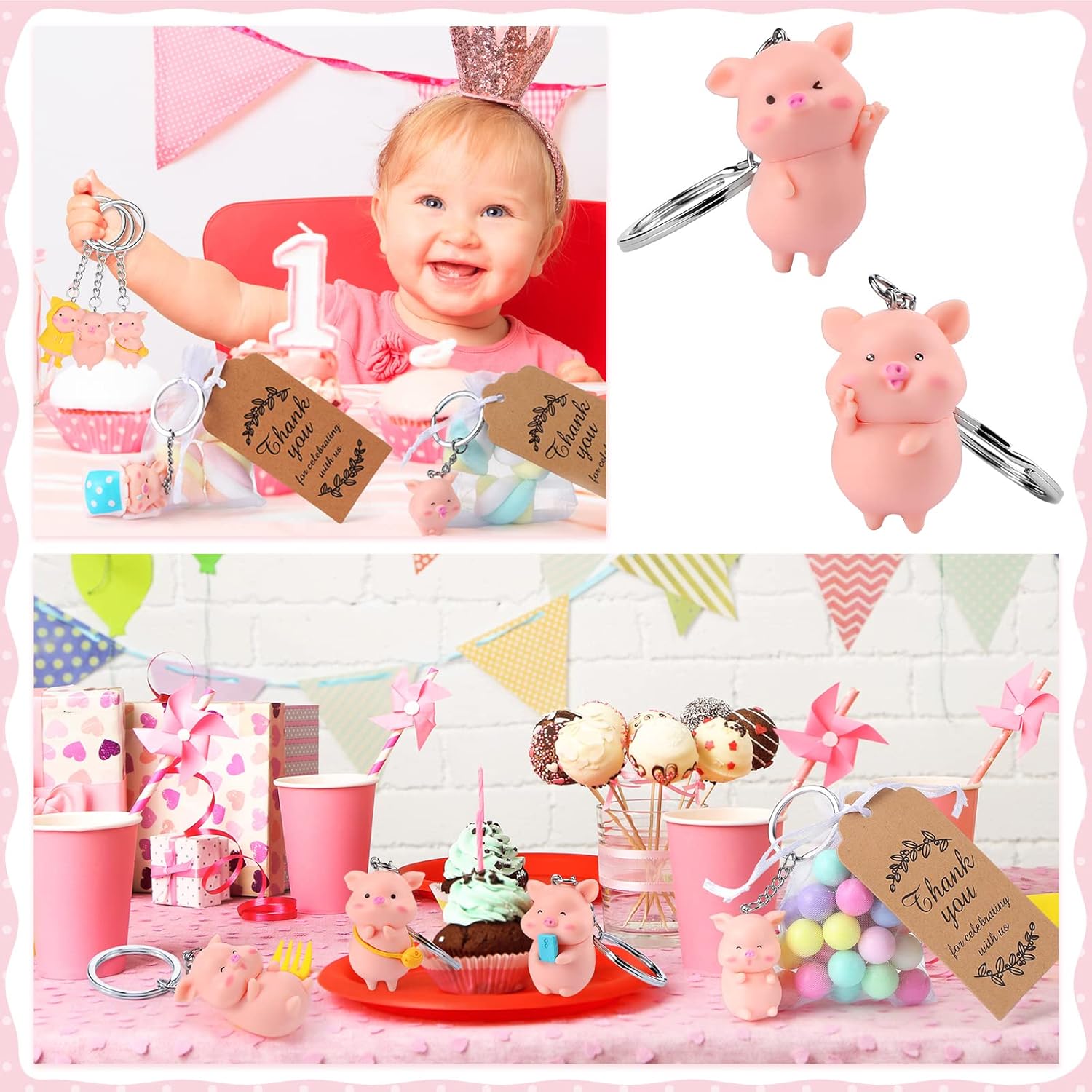 Inbagi 39 Pack Pig Party Favors with Pink Pig Keychains, Thanks Tags and Organza Gift Bags for Animal Themed Birthday Party Decorations, Piggy Baby Shower
