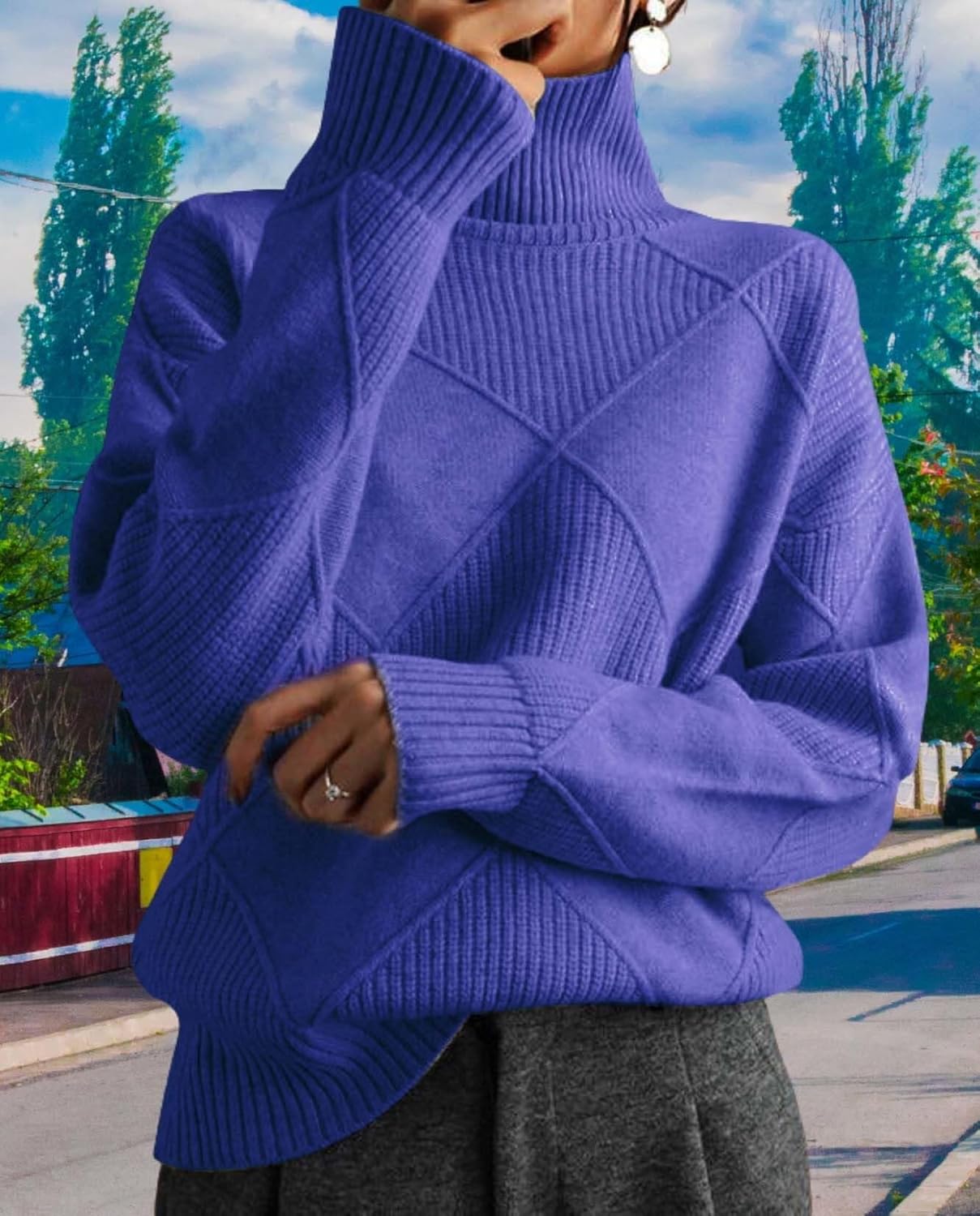 Womens Oversized High Neck Pullover Sweater Casual Fashion Long Sleeve Solid Color Crew Knit Sweater - Image 5