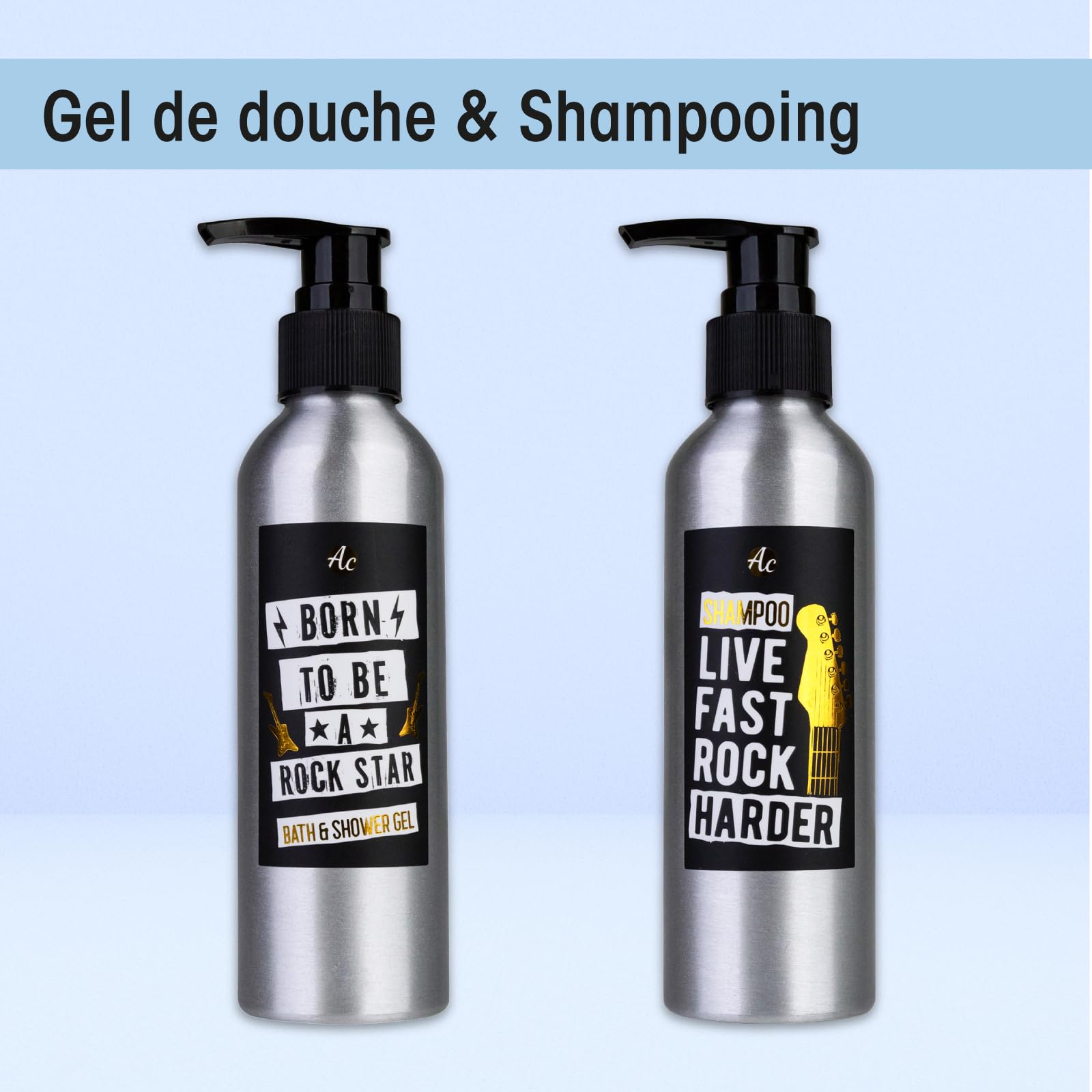 Accentra coffret cadeau homme, set soin corps guitare métallique, gel douche, lotion corps, savon, serviette, parfum bois de santal, idée cadeau originale pour anniversaire, amateurs de musique