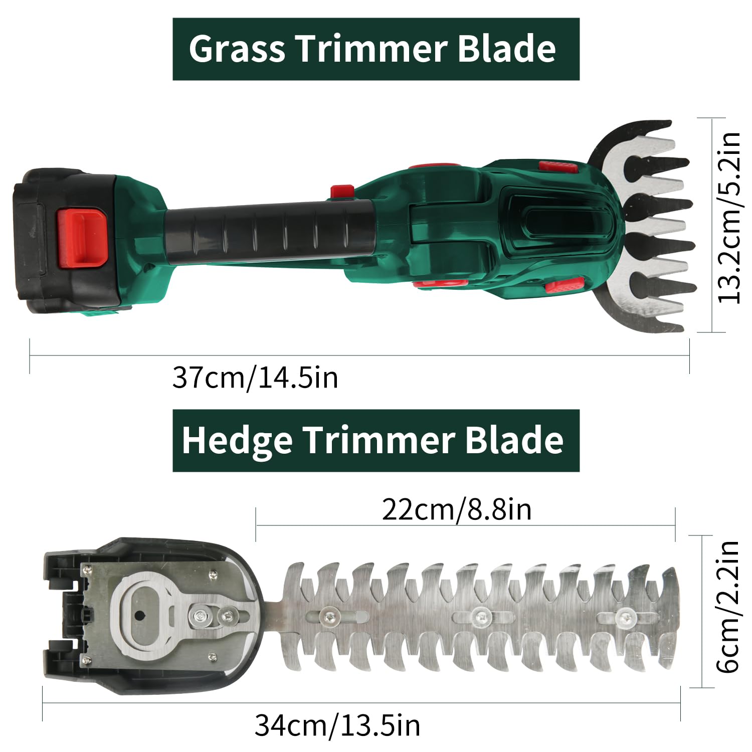 Akku Heckenschere, 21V Elektrische Grasschere, 2-in-1 Strauchschere & Rasenkantenschere mit 4,0Ah Akku, 23cm Heckenschermesser & 12cm Grasmesser, für Garten, Hecken, Büsche, Rasen (Grün)