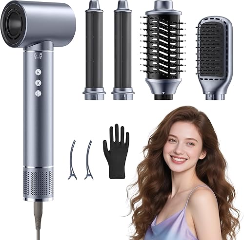 Secador de pelo profesional 5 en 1, secador de pelo de 200 millones de iones + 2 rizadores automáticos + alisador de pelo + cepillo térmico, juego