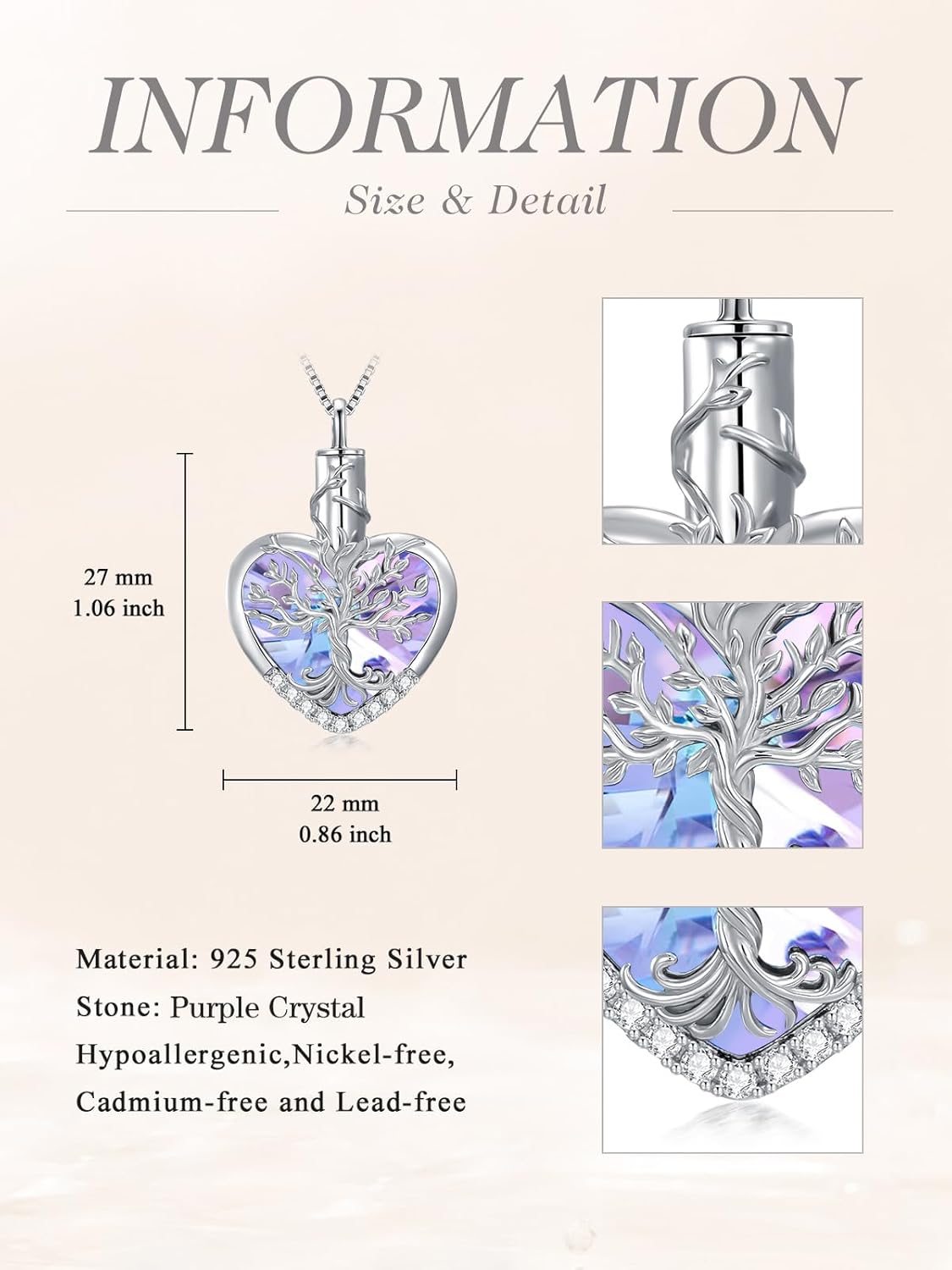 WINNICACA Urn Necklaces for Ashes 925 Sterling Silver Tree of Life Heart Cremation Jewelry for Ashes Jewelry Gifts for Human Ashes Keepsake Memorial Jewelry for Women Men - Image 4