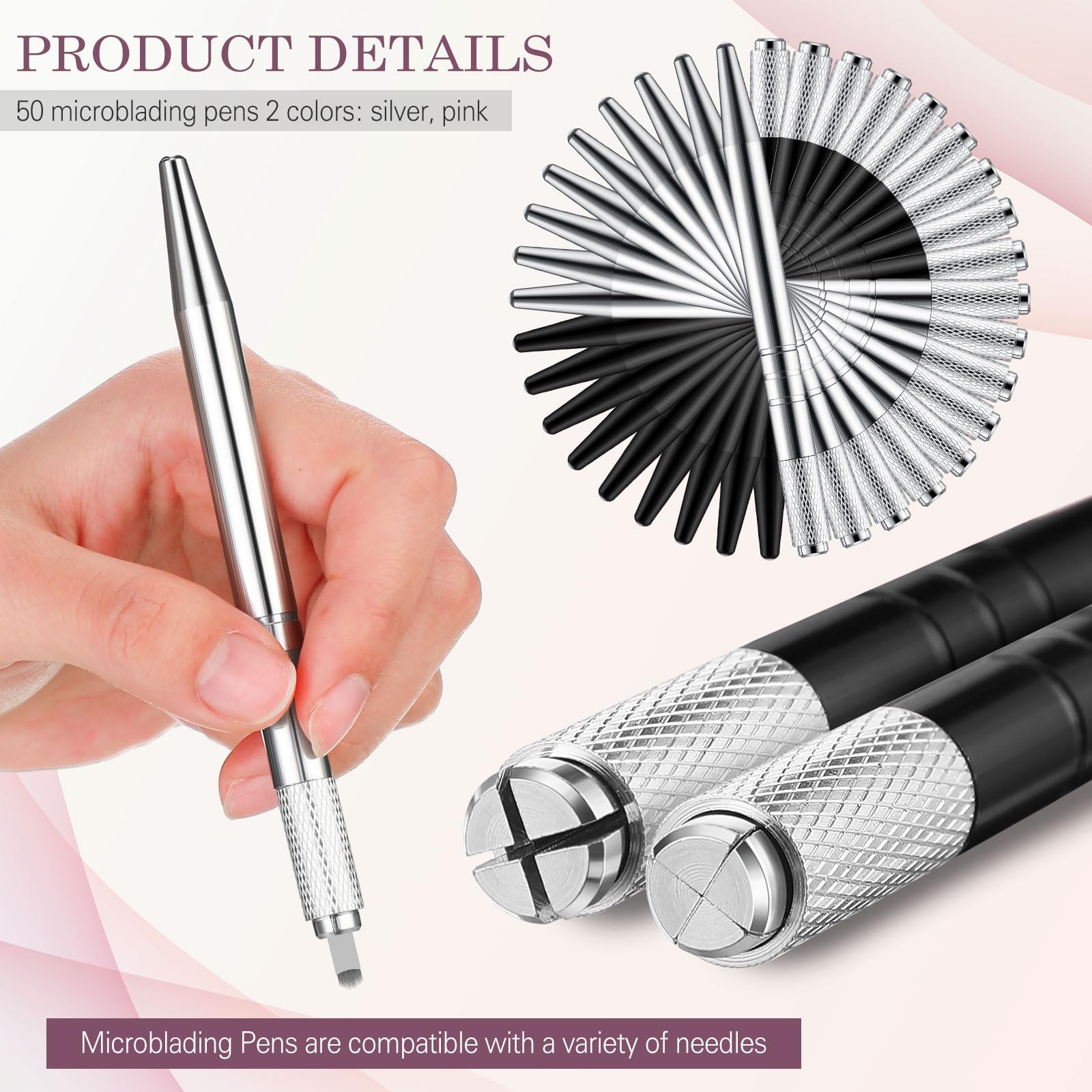 Gisafai Microblading-Stift, manuelle Augenbrauenstifte, Microblading-Stift, Microblading-Werkzeughalter, Aluminium, Microblading-Handwerkzeuge für Make-up-Zubehör, Salons, 50 Stück (Silber, Schwarz)