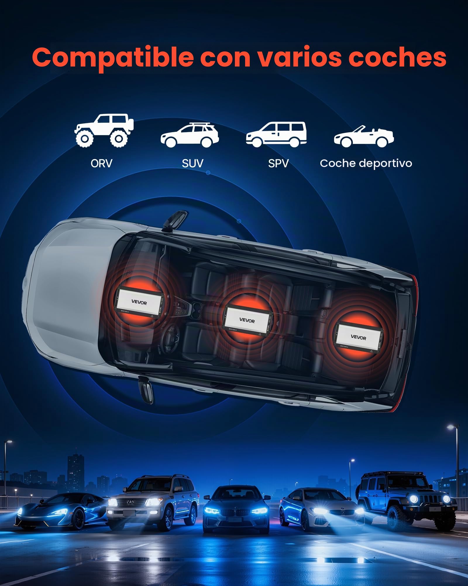VEVOR Amplificador para Automóvil 4 Canales Clase D Máximo 4 x 500W a 4 ohmios y 4 x 1000W a 2 ohmios, Amplificador Estéreo de Audio para Coche Puenteable para Vehículo Todoterreno Camioneta Sedán SUV