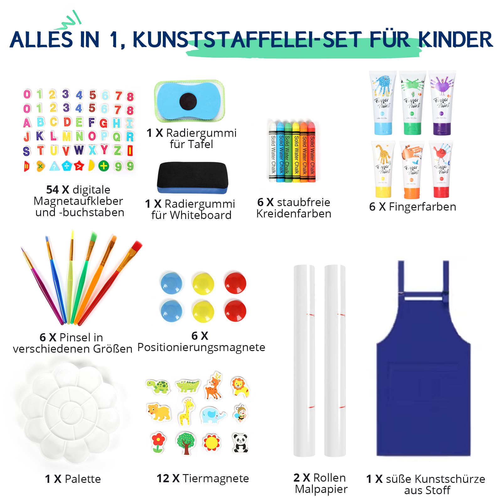 Kinder-Staffelei 3-1, magnetische Kreidetafel und Whiteboard, Papiermalerei, großer Stauraum mit Canvas-Tasche, Malsets mit Fingerfarben, Kreiden, Pinseln, Zahlenbuchstaben, Magneten, Schürze