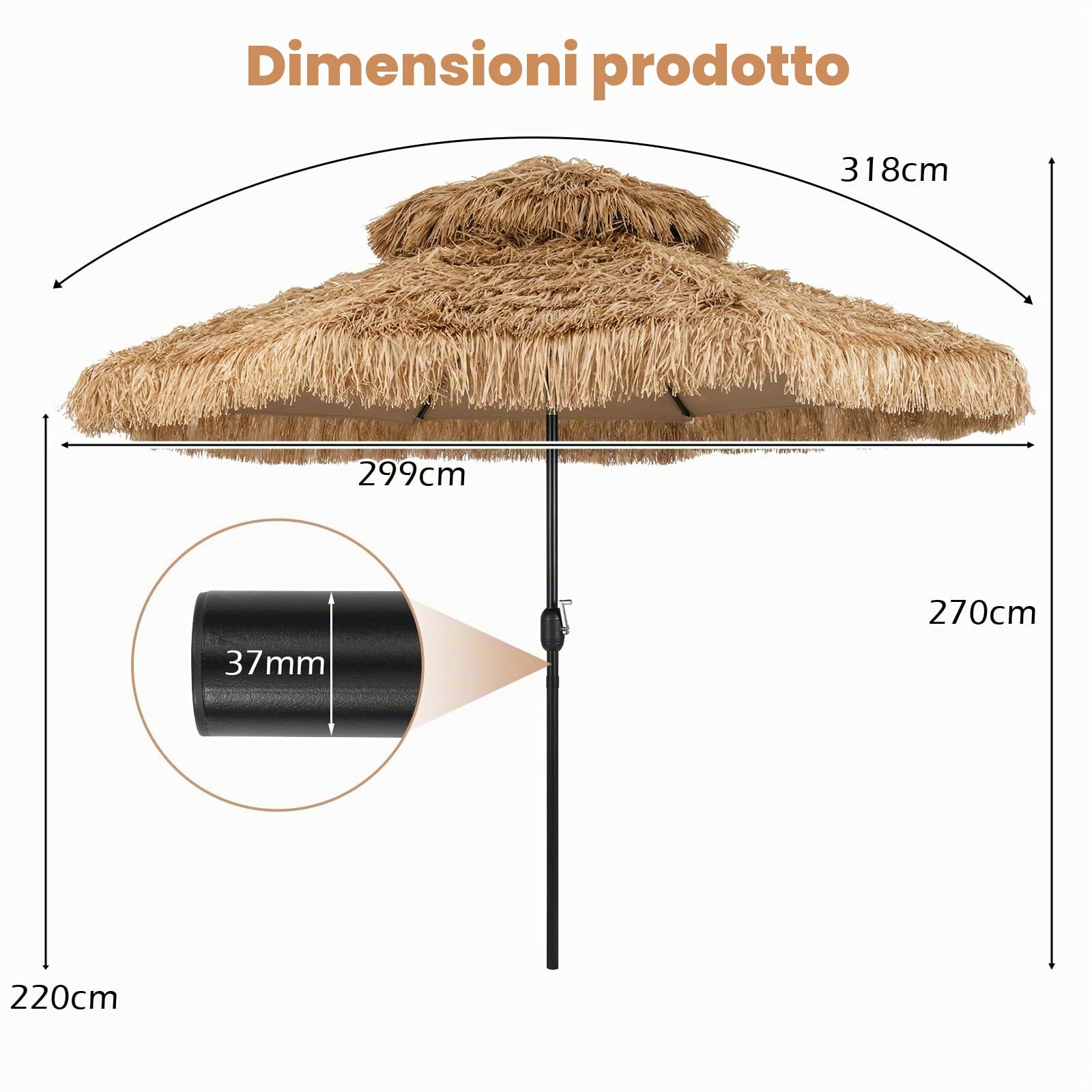 KOMFOTTEU Ombrellone Spiaggia in Paglia Hawaiano Pieghevole 300 cm | Parasole da Spiaggia con Doppio Tetto, Ombrellone per Giardino, Balcone, Giallo-Marrone, senza Base