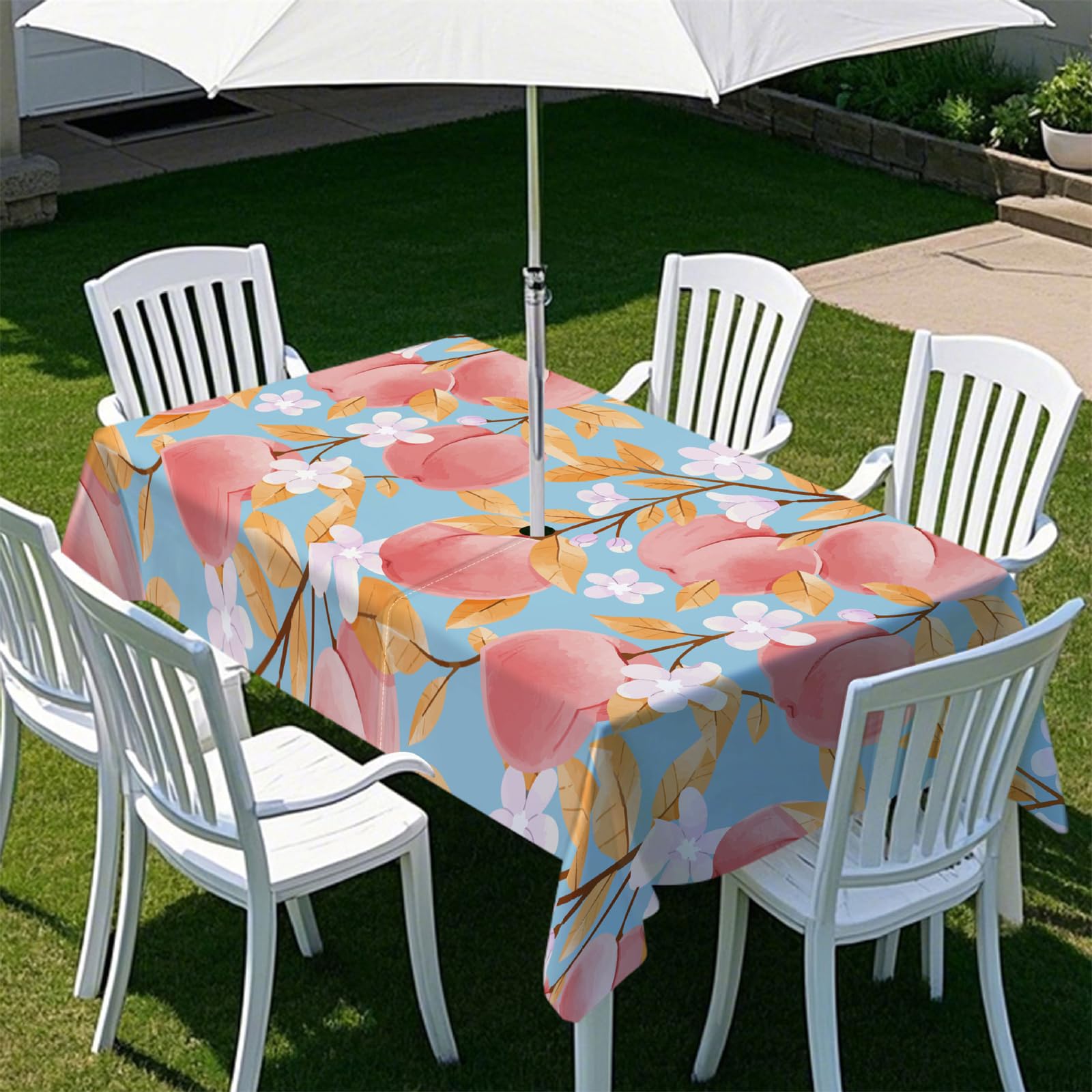 Highdi Rectangle Tablecloth with Parasol Hole, Outdoor Garden Tablecloth with Umbrella Hole Waterproof Non-Slip Tablecloth with Zipper Protector (213x152cm,Tropical Fruit J)