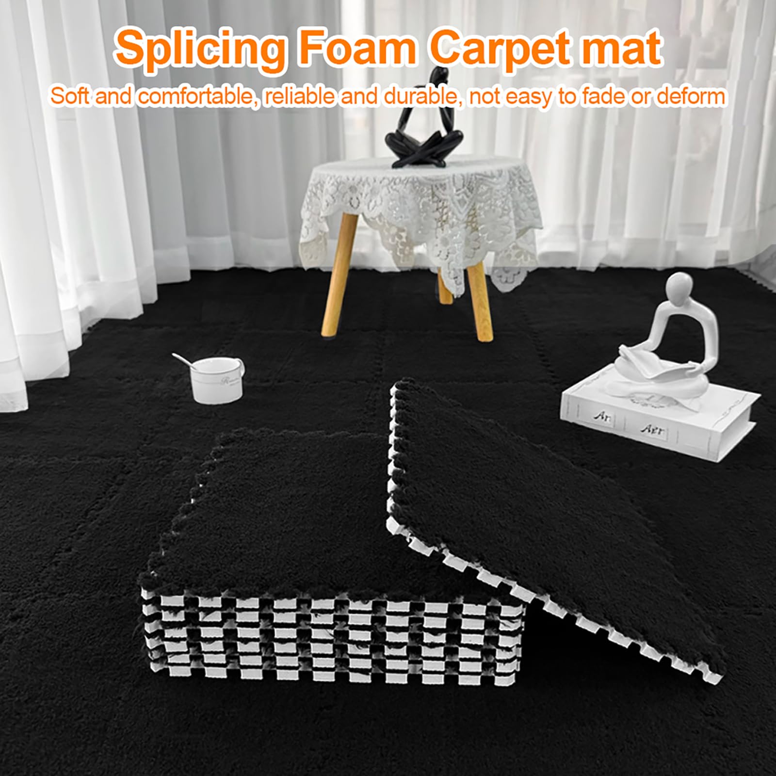 12 tappetini in schiuma di peluche a incastro, 30 x 30 cm, per piastrelle, puzzle, per soggiorno, camera da letto, colore nero
