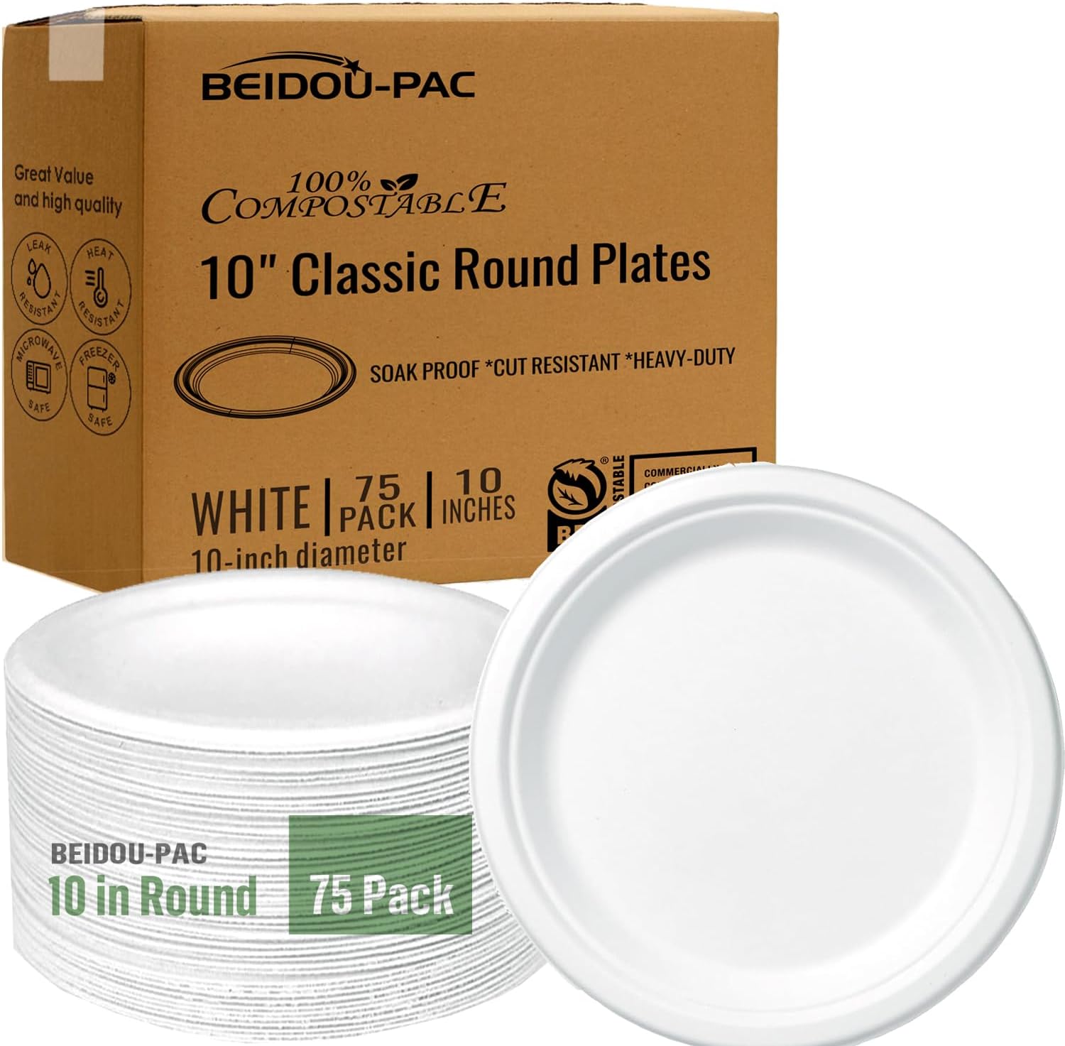Compostable Heavy Duty Disposable Paper Plates, 75 Count | 10 Inch Round | Natural Bagasse, White Biodegradable Eco-Friendly Sugarcane BBQ, Party, Gathering, Picnic Sugarcane Tray