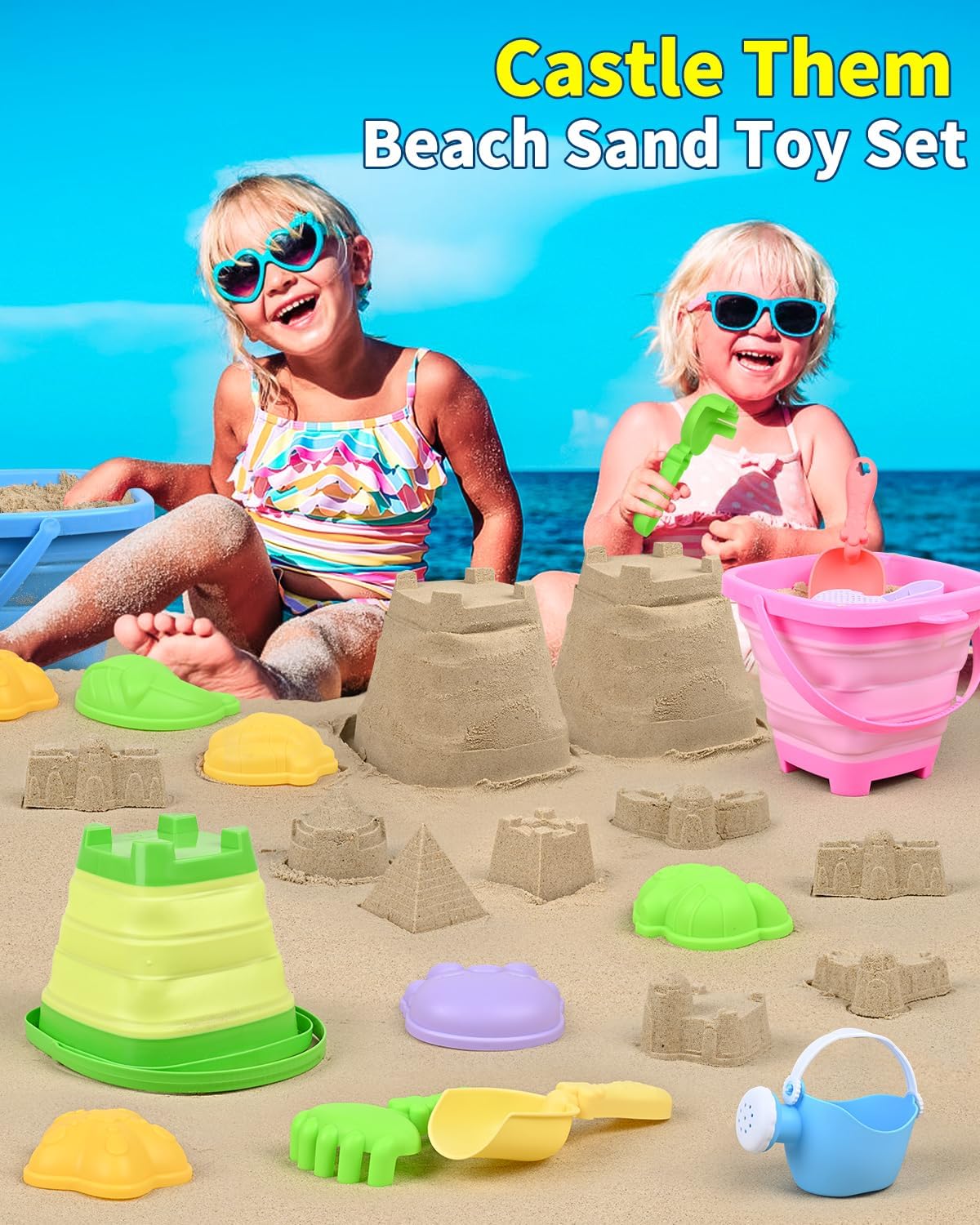 Collapsible Beach Sand Toys for Kids Toddlers with Sand Bucket, Marine Animal Molds, Castle Building Molds, Shovels, Storage Mesh Bag, Travel Sand Toys for Boys Girls (24PCS ( 3 Sand Buckets ))