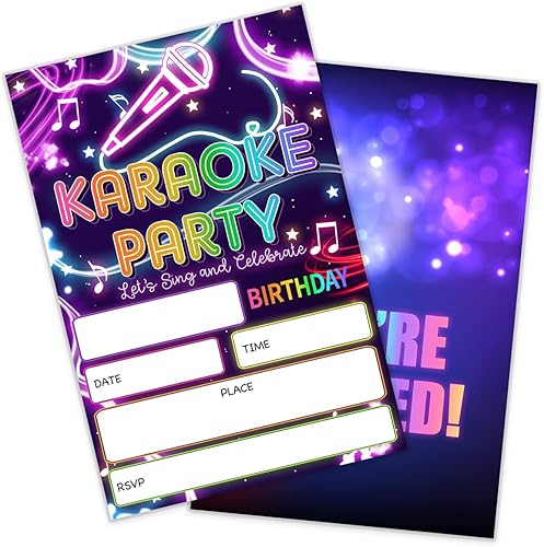 Invitaciones de fiesta de cumpleaños Glow Karaoke invitaciones de fiesta de karaoke brillantes para niñas, niños, niños pequeños y más. Suministros