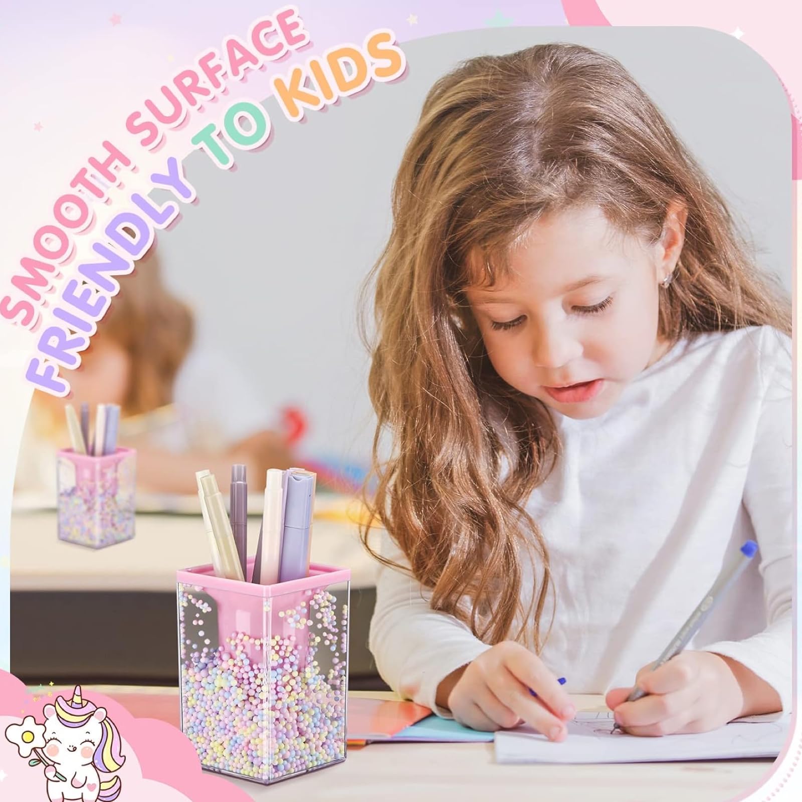 Pot à Crayons Carré Enfant Uoocg - Acrylique Transparent - Organiseur Bureau Mignon - Rose