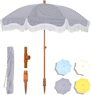 7ft Patio Beach Umbrella with Fringe, Outdoor Umbrella for Poolside, Stripe