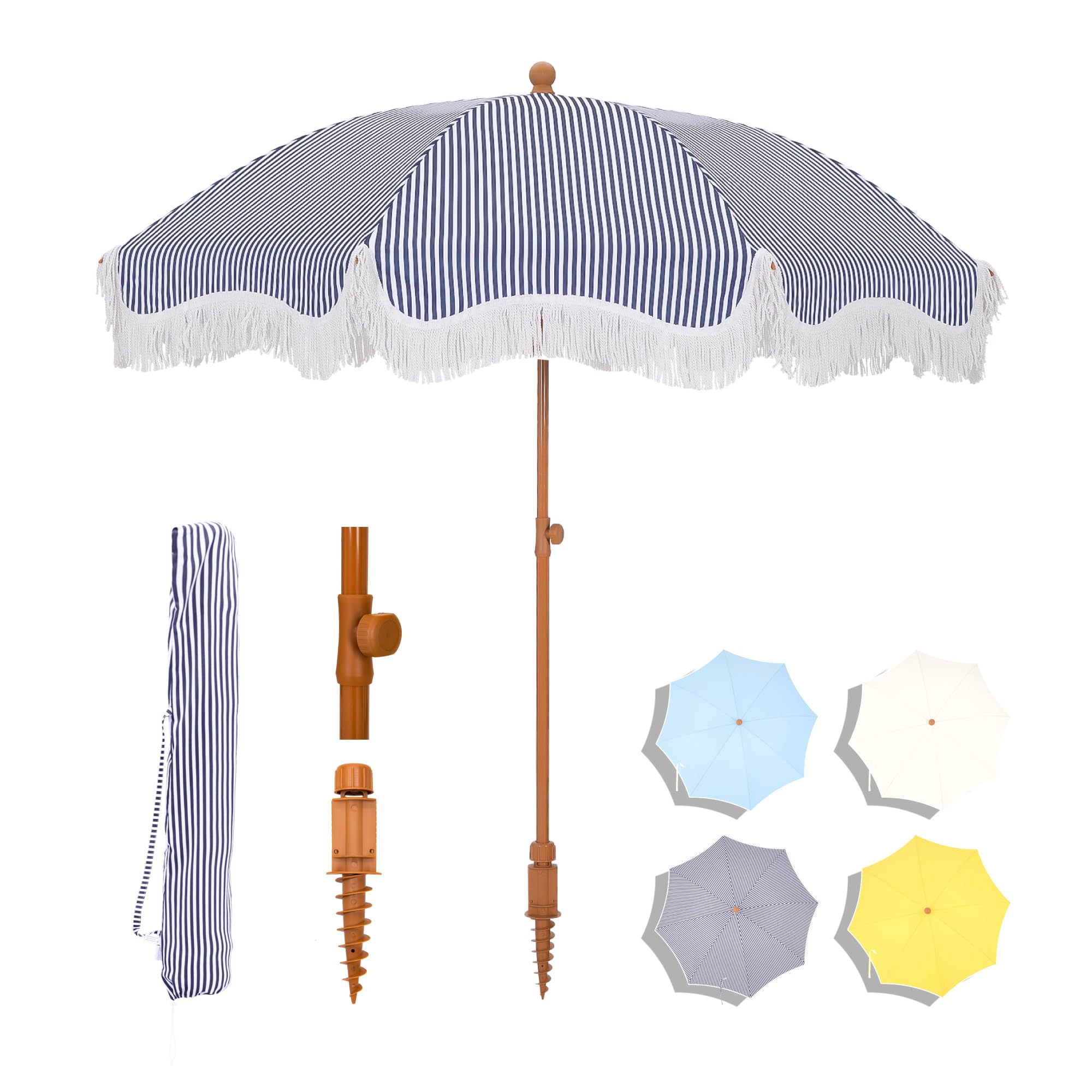 MFSTUDIO 7ft Beach Umbrella with Fringe, Tassel Umbrellas UPF50+ with Tilt Button & Crank, Holiday Outdoor Umbrella with Carry Bag, Ideal for Garden Lawn Poolside, Navy Blue Stripe