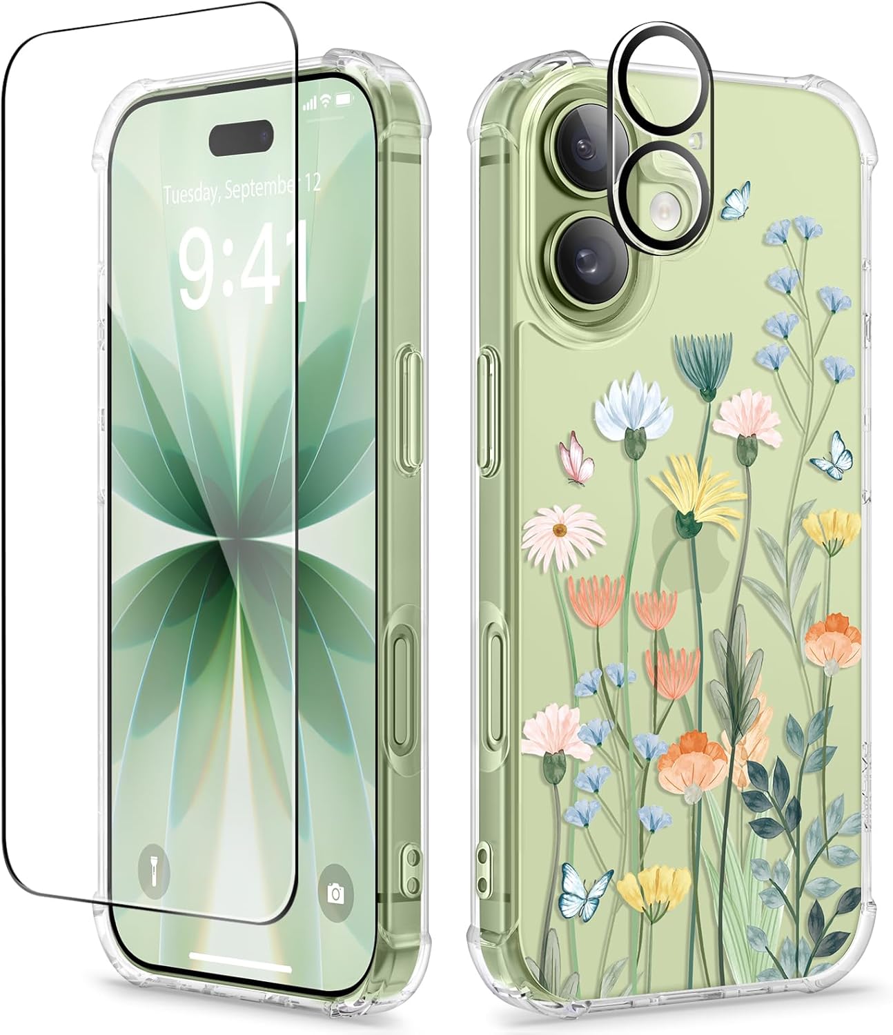 GVIEWIN Bundle - Compatible with iPhone 17 Floral Case (Bloomtrail/Colorful) + Magnetic Phone Ring Holder (Glitter/Green)