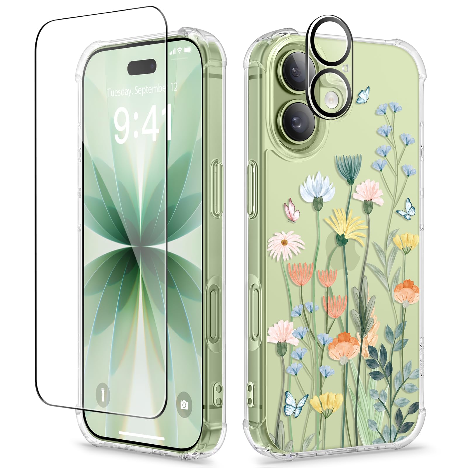 GVIEWIN for iPhone 17 Case, with Screen Protector+Camera Lens Protector | Non Yellowing, Clear Floral Slim Shockproof Protective Hard PC Back Women Phone Case for iPhone 17 6.3", Bloomtrail/Colorful Bloomtrail/Colorful For Iphone 17 (6.3'', 2 Lens)