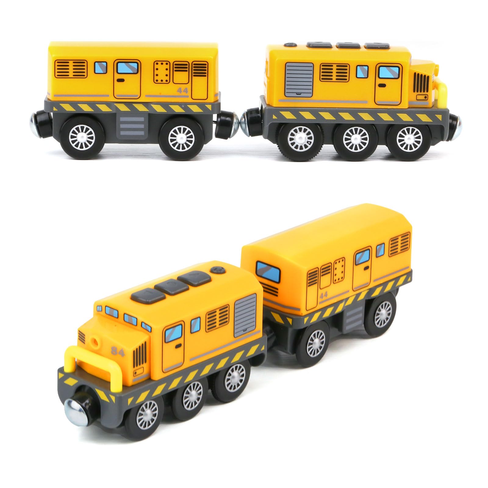 EVERGD Locomotive Battery Powered Traction Toy Train Set with Sound and Lighting Magnetic motorized toy train Set Wooden Railway Set Add on Accessories (Yellow)