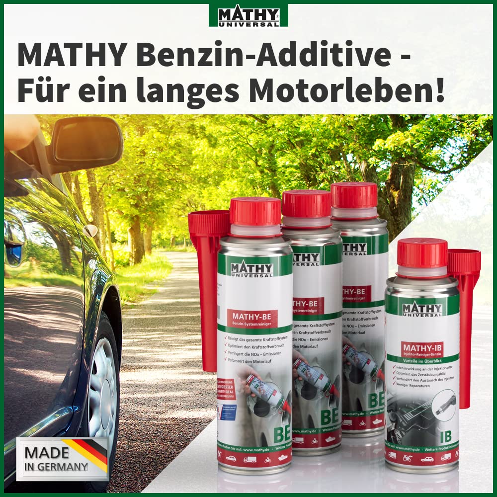 MATHY Benzin-Kur - Benzin Systemreiniger + Injektoren Reiniger Benzin - Intensive Reinigung von Einspritzdüsen & Ventilen - Benzin Additiv, 4 Dosen