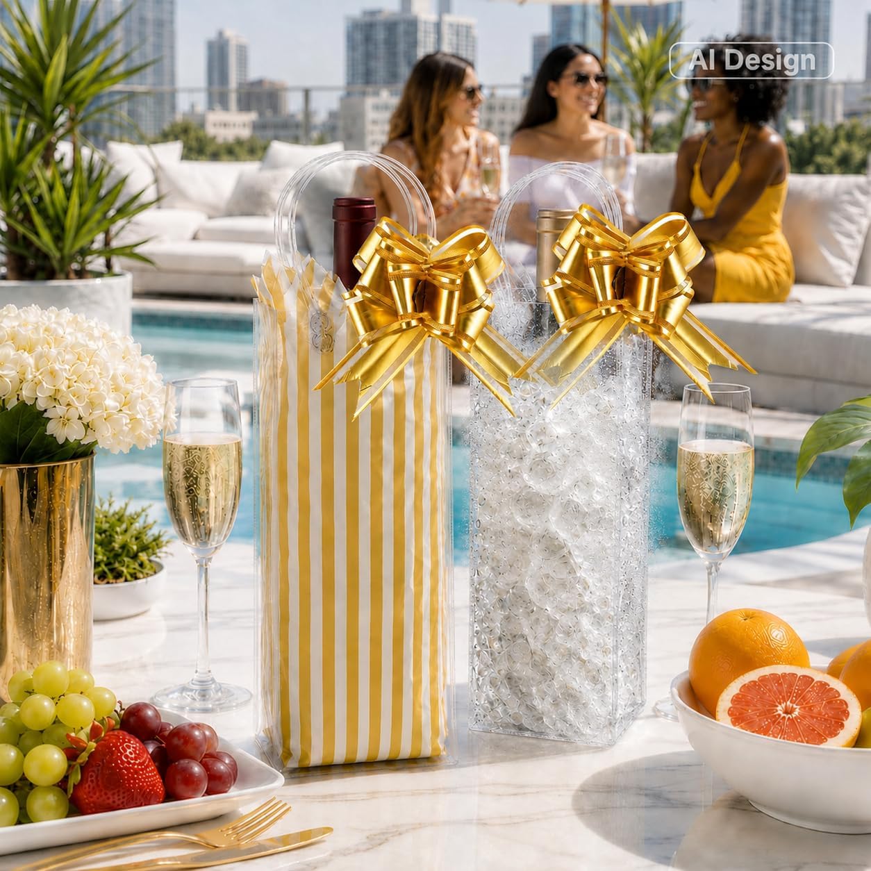 joycraft Wine Cooler Bags, 4 Pcs Ice Wine Gift Bags with Handles, Clear Bag | Plastic Bags with Gold Pull Bows and Tissue Paper, Portable Wine Pouch Cooler, Reusable Packaging for Wedding Party Outdoor