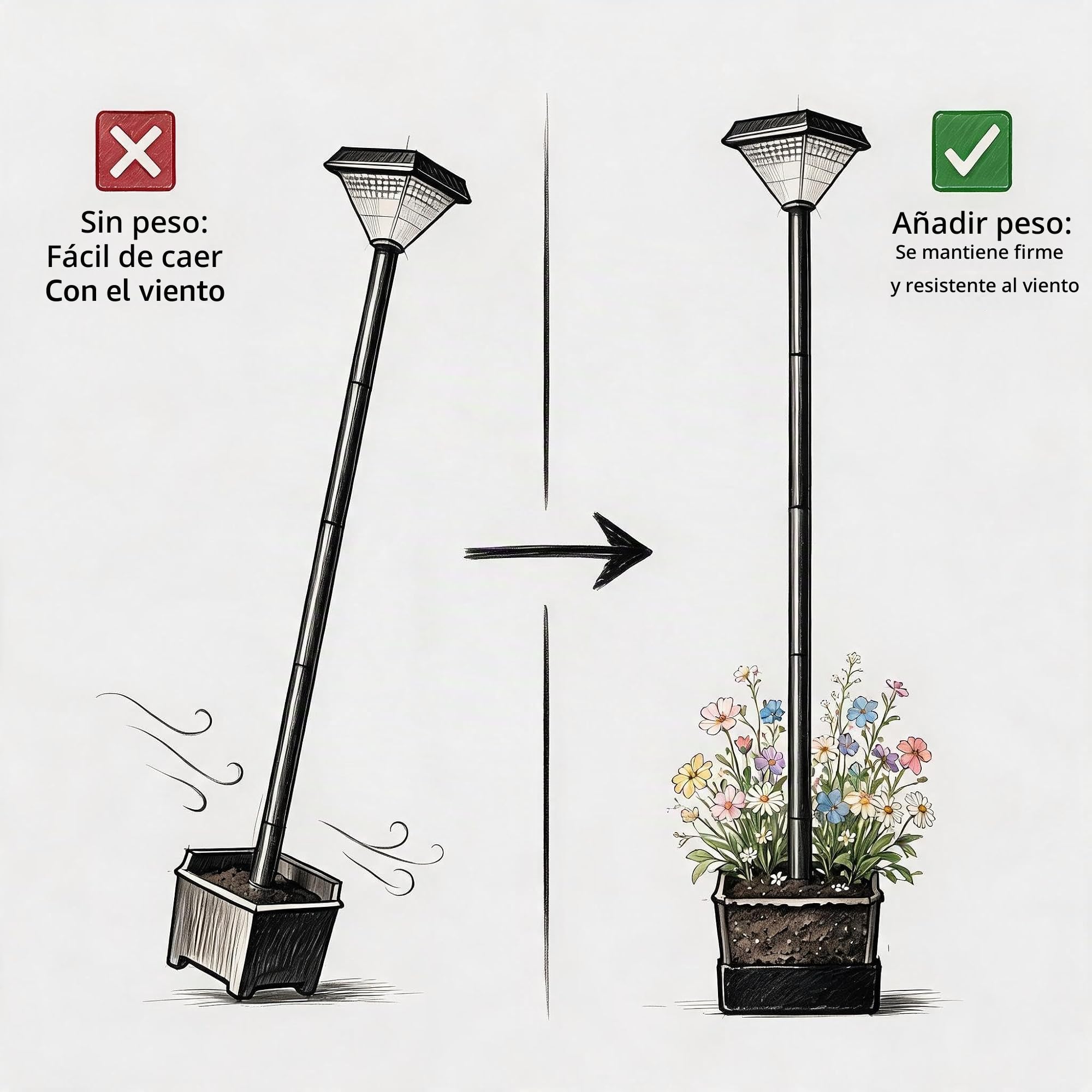 Farol Solar Exterior con Maceta 138 cm, Luces Solares Jardín